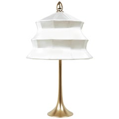 “Pagoda” contemporary Table Lamp, satin silk, Silvered Crystal Tip, brass    