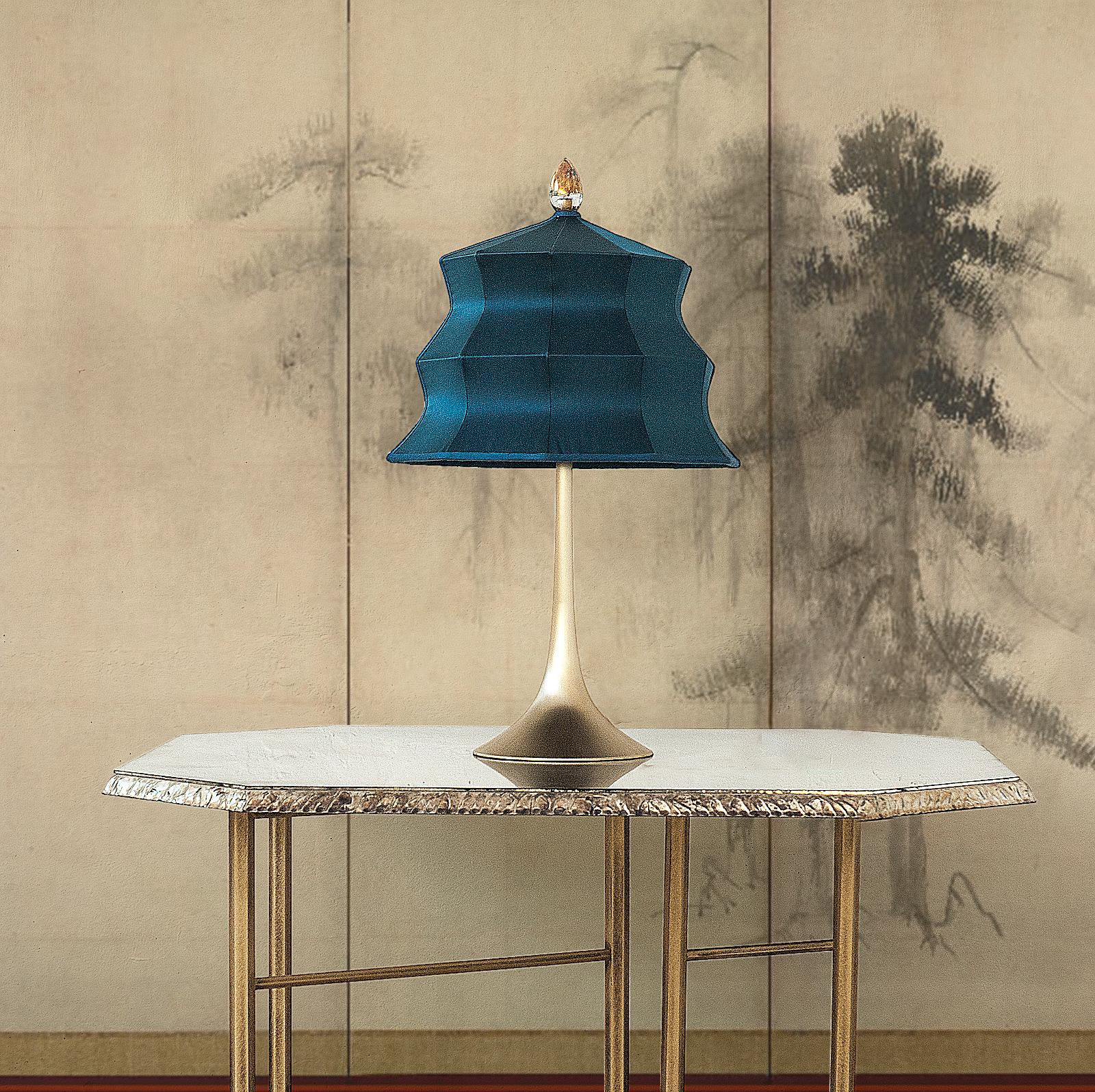 Modern “Pagoda” contemporary Table Lamp, White Linen, Silvered Crystal Tip, brass  