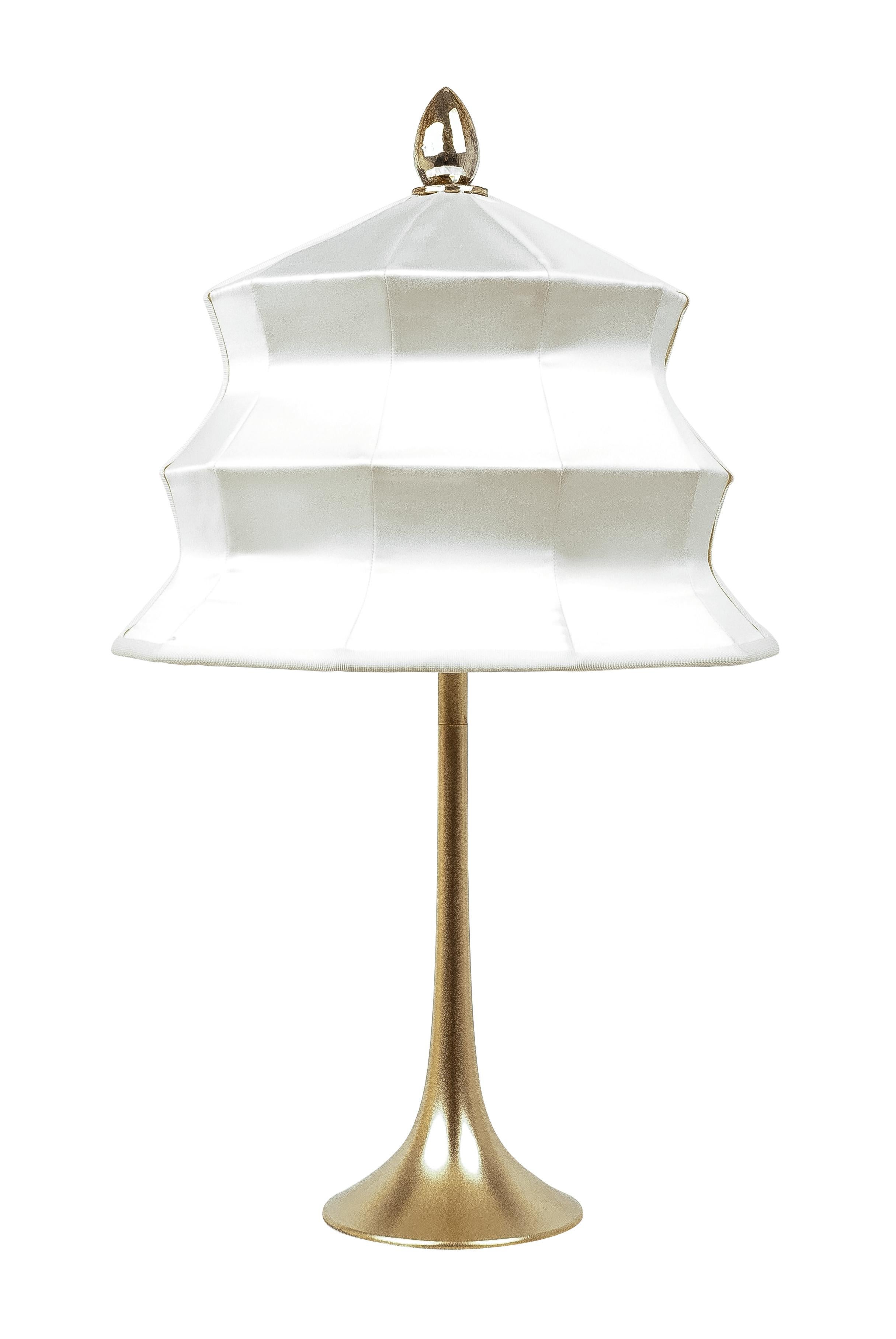 Italian “Pagoda” contemporary Table Lamp, White Linen, Silvered Crystal Tip, brass