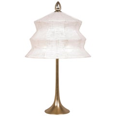 “Pagoda” contemporary Table Lamp, White Linen, Silvered Crystal Tip, brass  