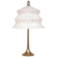 “Pagoda” contemporary Table Lamp, White Linen, Silvered Crystal Tip, brass