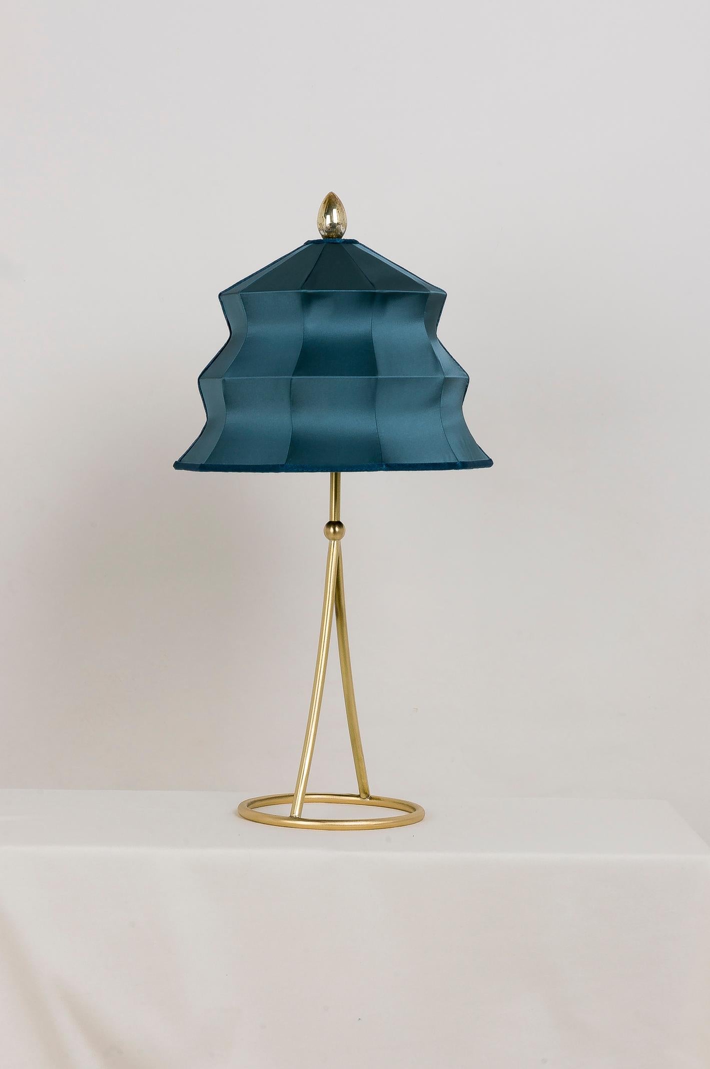 Modern “Pagoda” Table Lamp, in Brass Matt Finish, Sky Satin Silk, Silver Crystal Tip