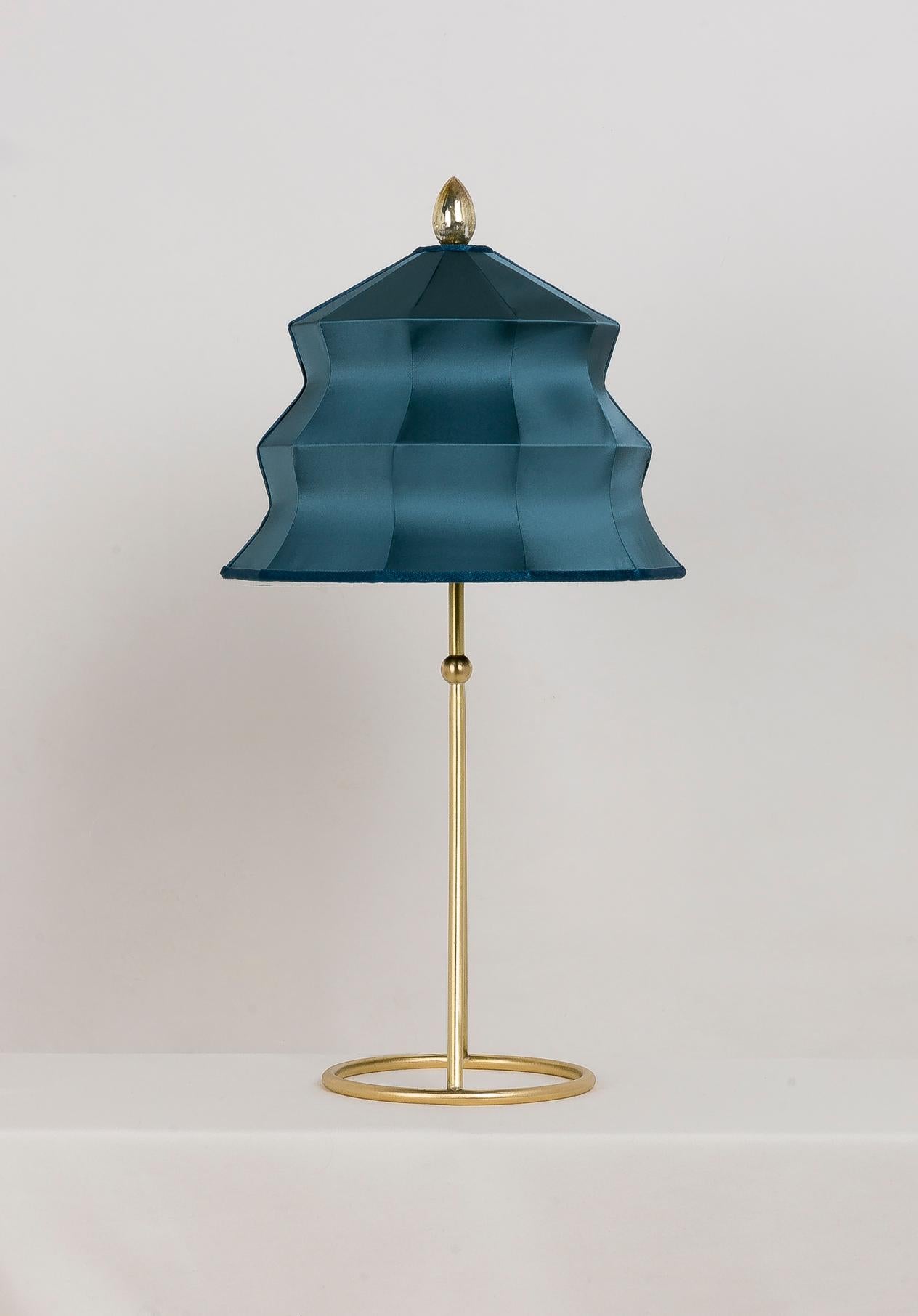 Italian “Pagoda” Table Lamp, in Brass Matt Finish, Sky Satin Silk, Silver Crystal Tip