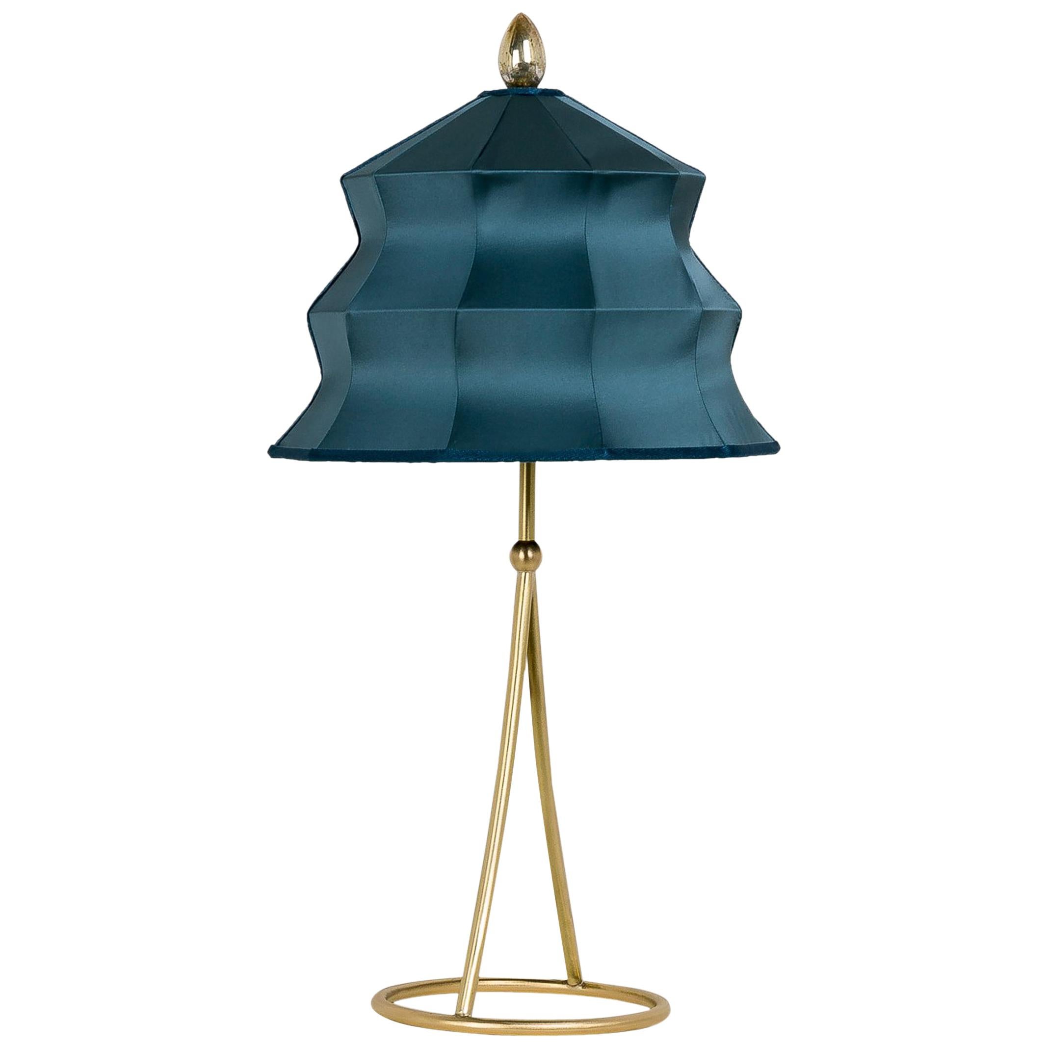 “Pagoda” Table Lamp, in Brass Matt Finish, Sky Satin Silk, Silver Crystal Tip
