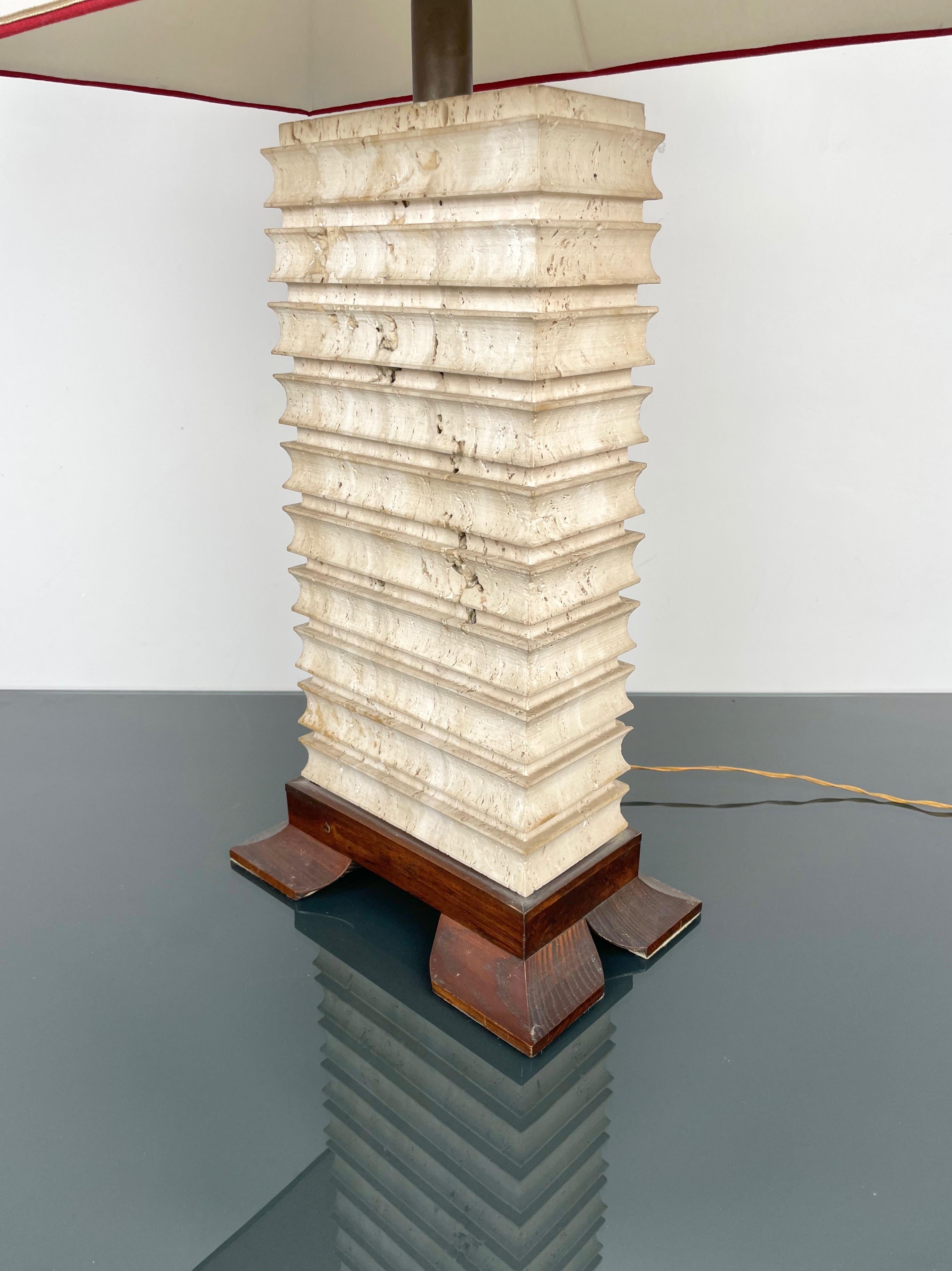 Pagoda Table Lamp in Travertine, Wood and Brass, Italy 1970s For Sale 6