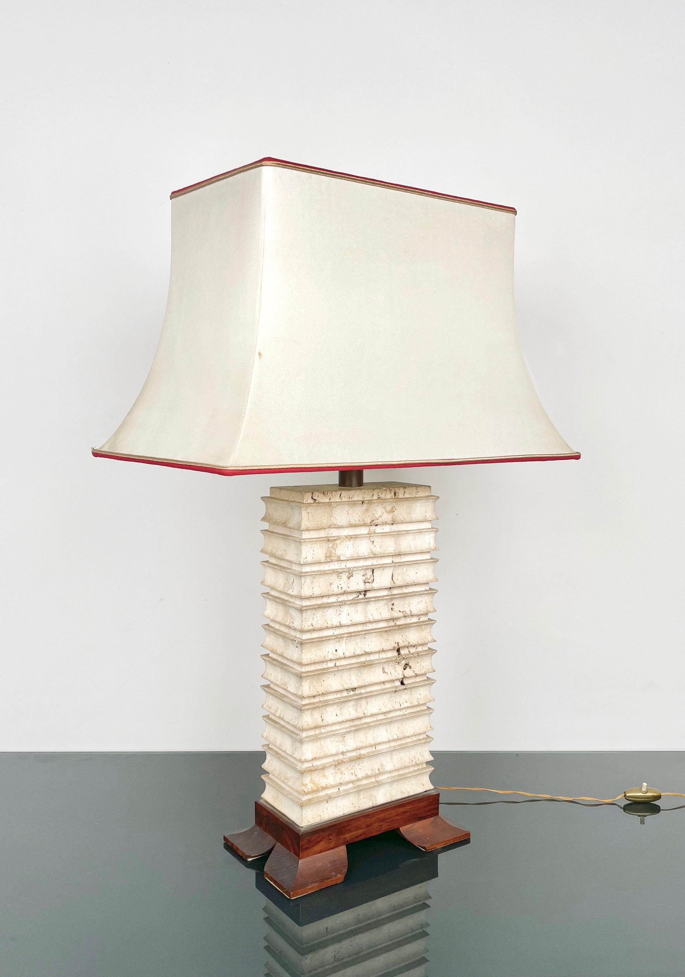 Italian Pagoda Table Lamp in Travertine, Wood and Brass, Italy 1970s For Sale