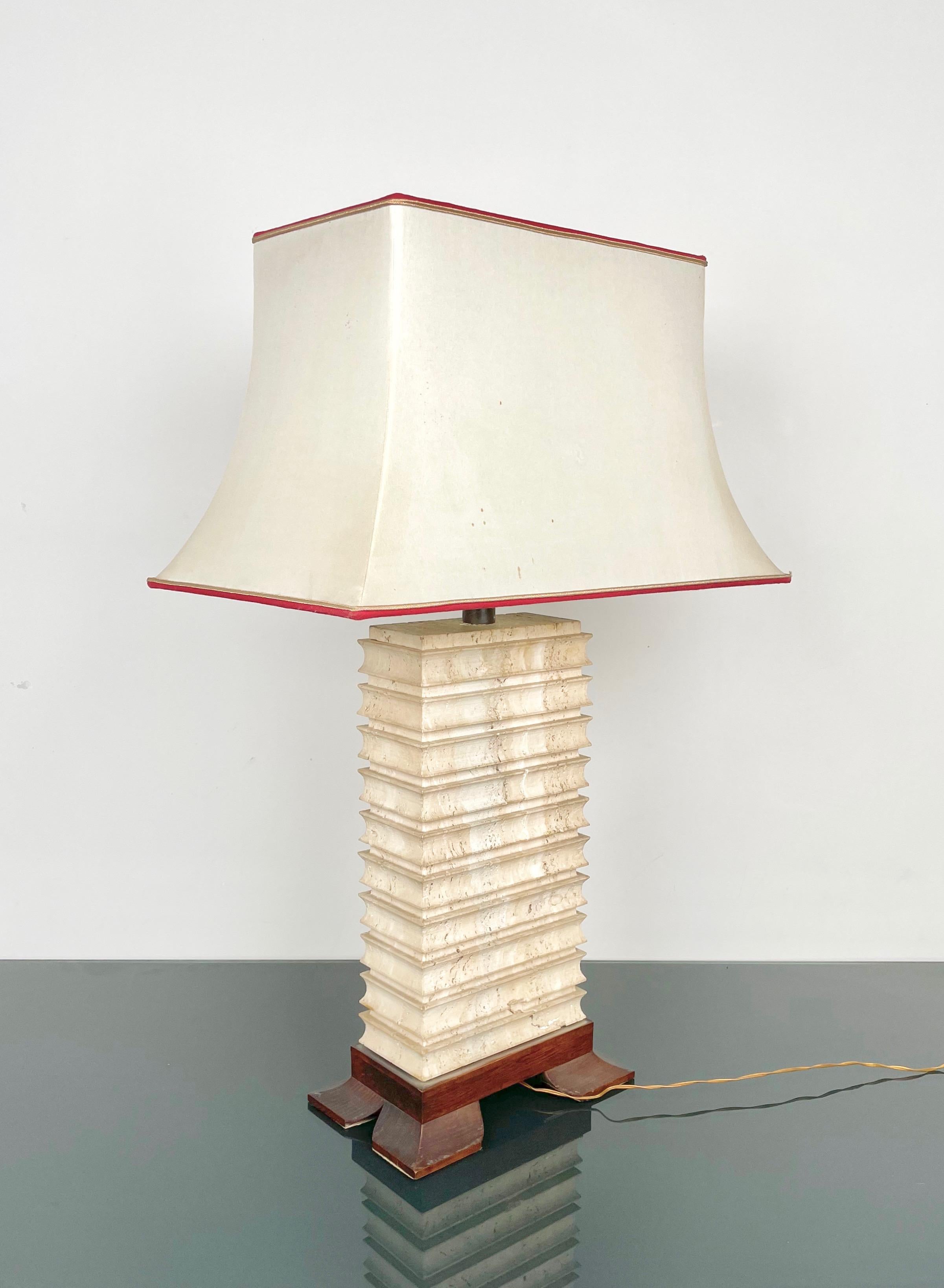 Pagoda Table Lamp in Travertine, Wood and Brass, Italy 1970s For Sale 1