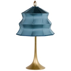 “Pagoda” Table Lamp, in Brass Matt Finish, Sky Satin Silk, Silver Crystal Tip