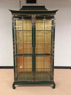 Pagoda Top Chinoiserie Display Cabinet in Green Lacquer From Union National