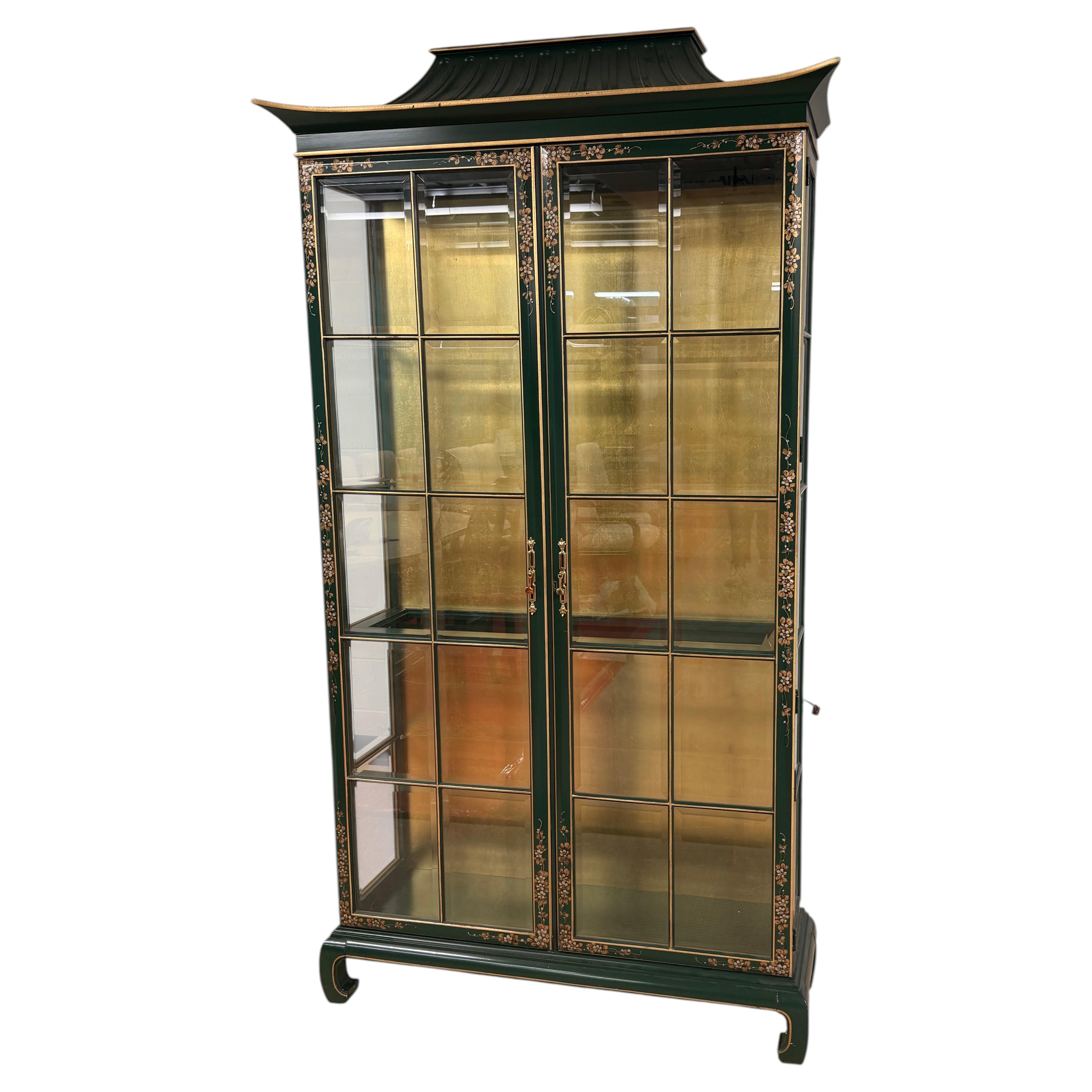 Pagoda Top Chinoiserie Display Cabinet in Green Lacquer From Union National