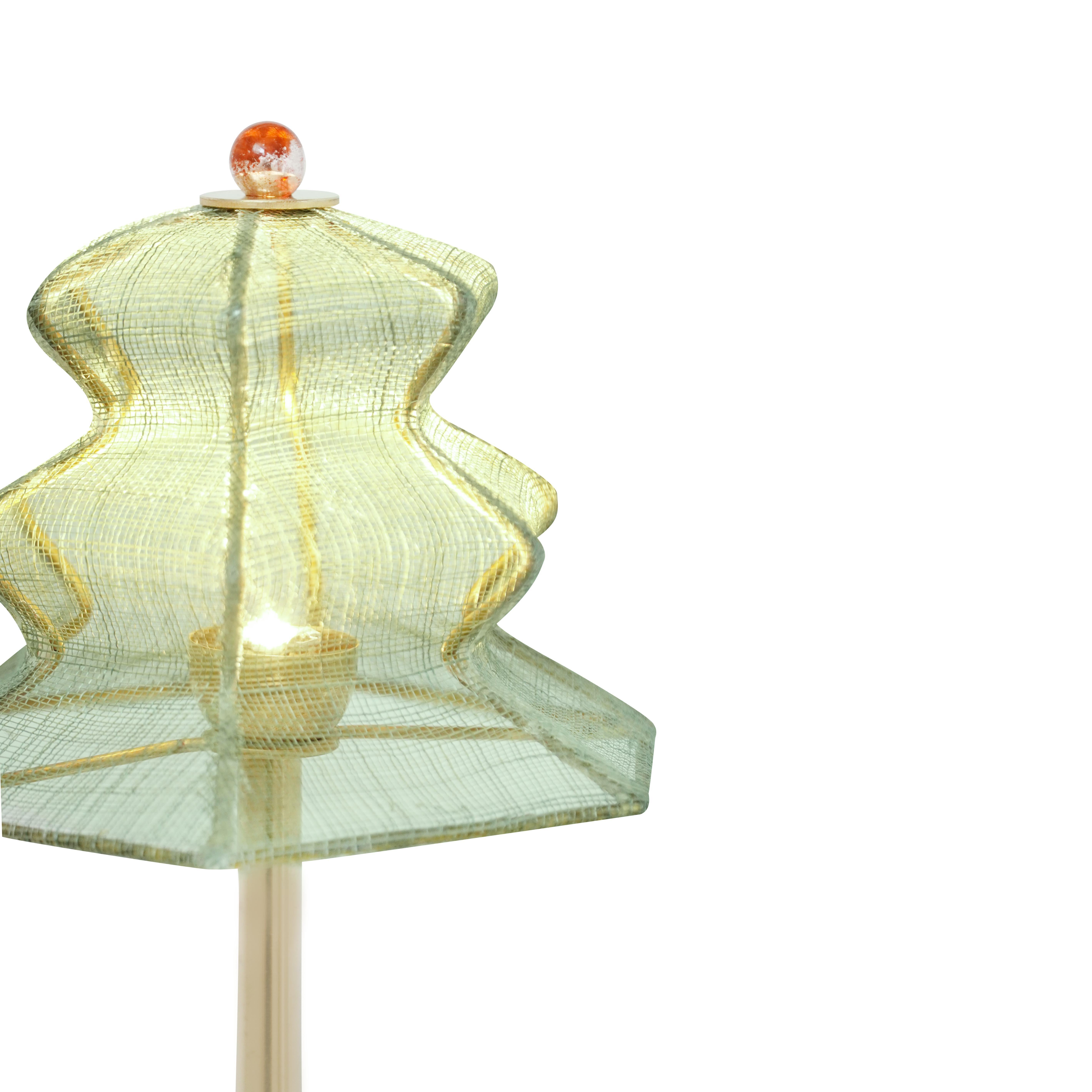 Brass “Pagodina” Wireless Contemporary Table Lamp, jade color, Silvered Crystal For Sale