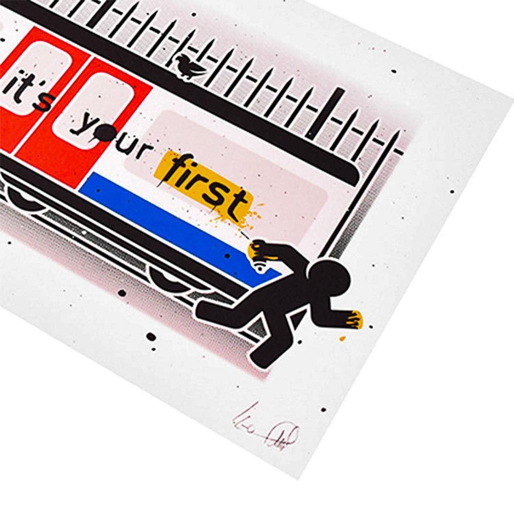 Wonderful print and message depicting a graffiti writer being chased by cops.
The subway car has 