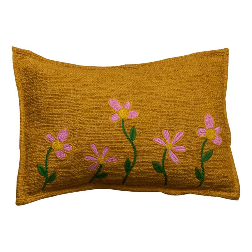 Paia, superbe coussin orange avec de remarquables fleurs brodées à la main