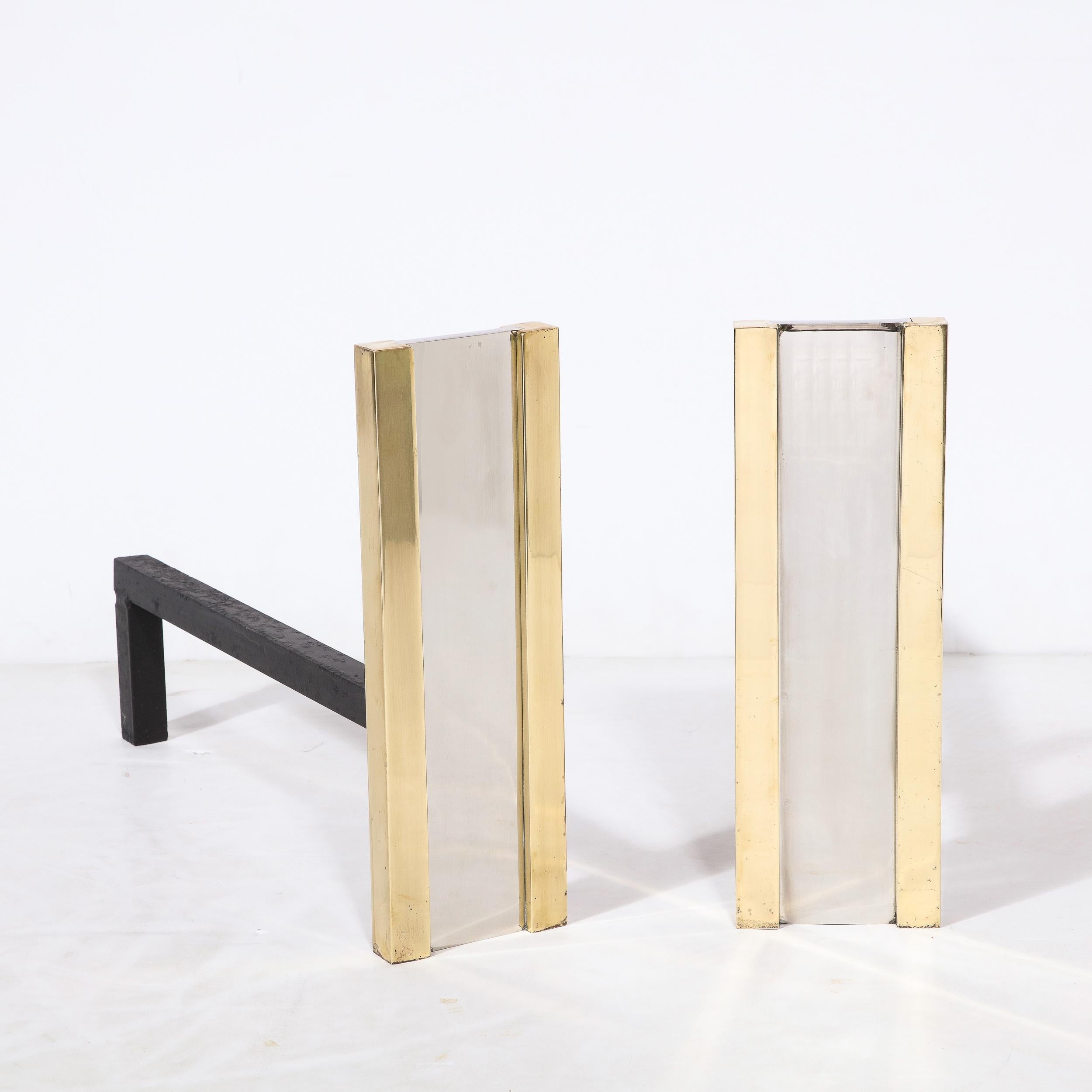 Mid-Century Modern Paid of Mid-Century Brass & Polished Nickel  Andirons by Danny Alessandro
