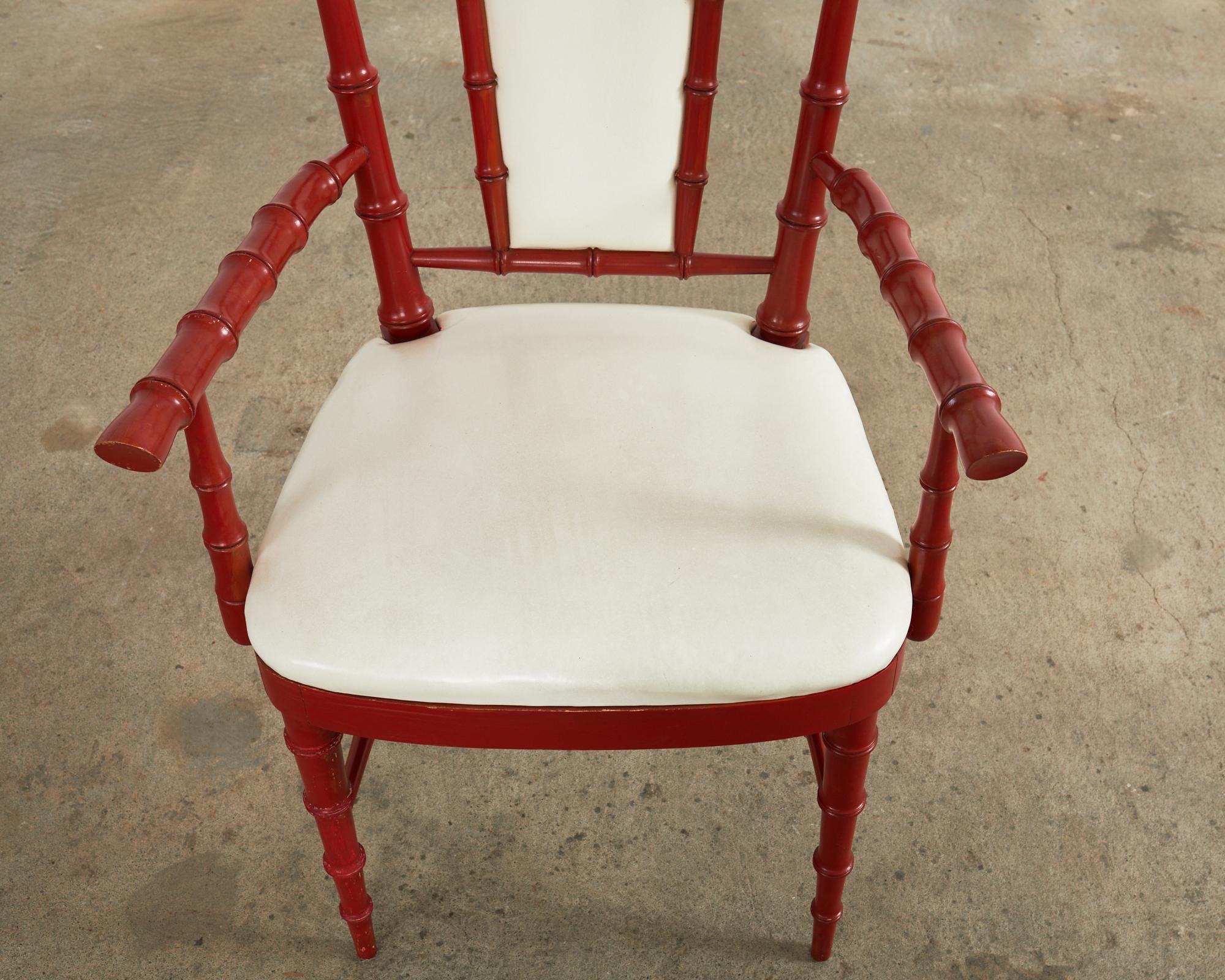 Pair of Mid-Century Chinese Chippendale Coral Red Faux Bamboo Armchairs For Sale 6