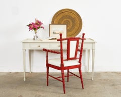 Pair of Mid-Century Chinese Chippendale Coral Red Faux Bamboo Armchairs