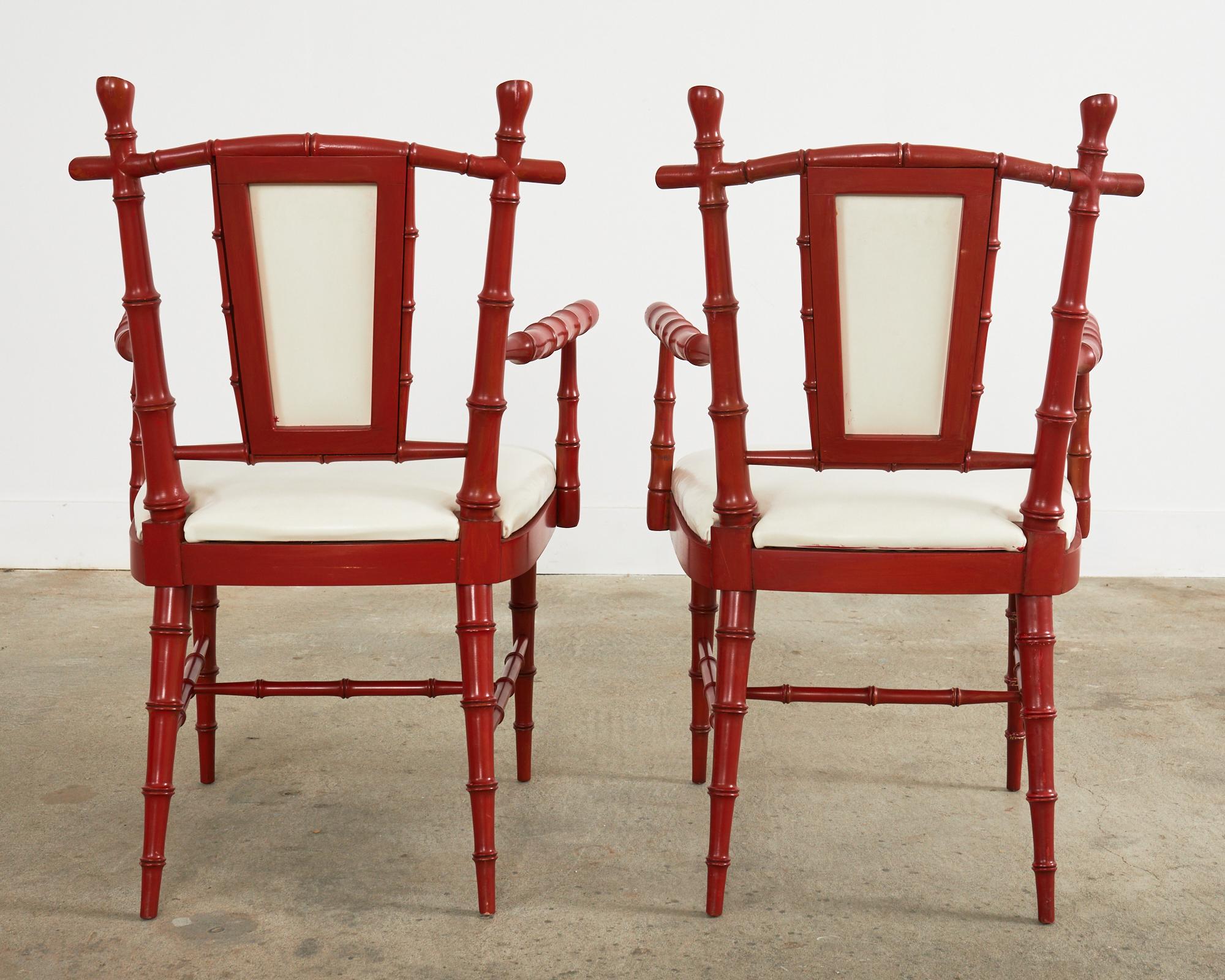 Pair of Mid-Century Chinese Chippendale Coral Red Faux Bamboo Armchairs For Sale 13