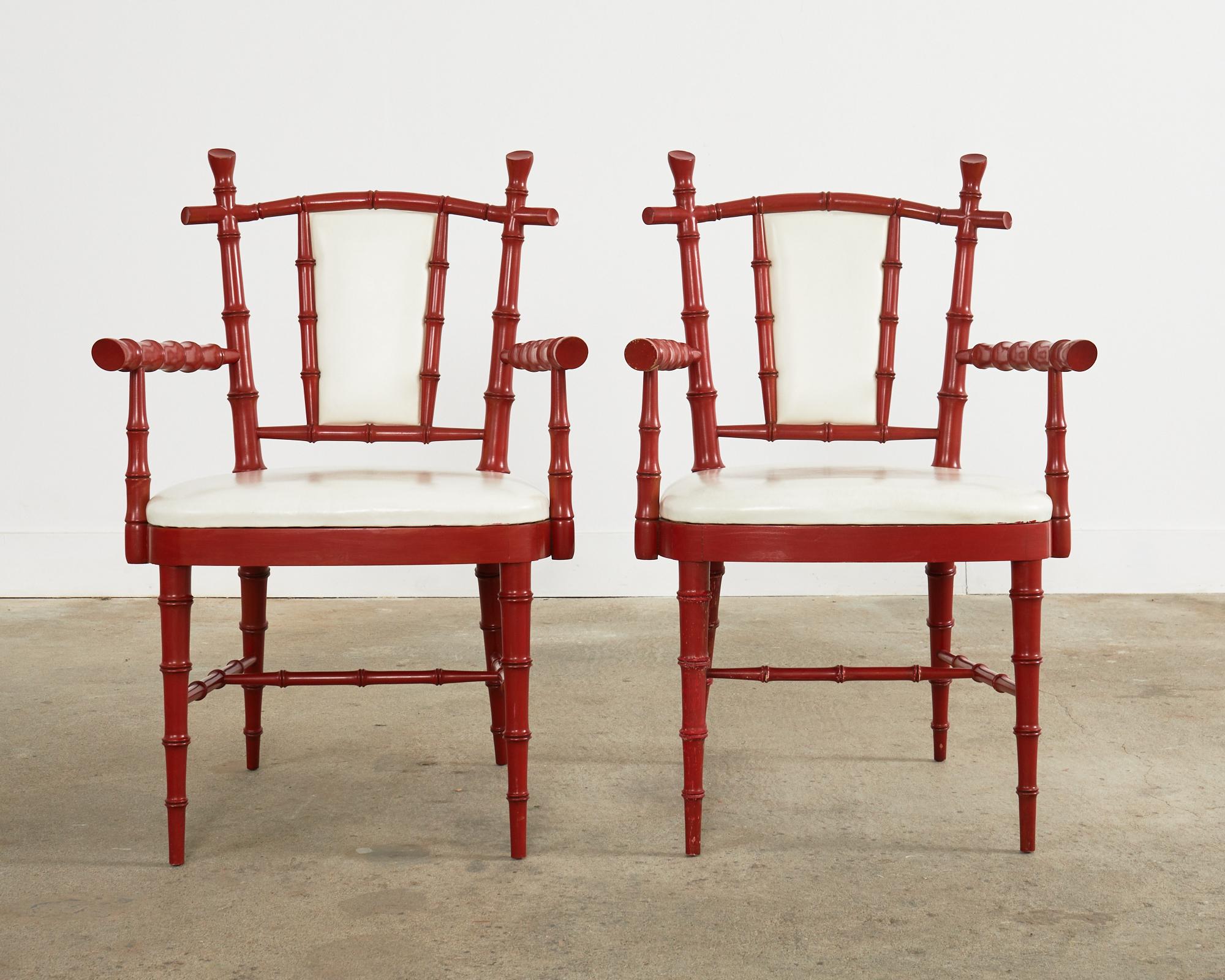 American Pair of Mid-Century Chinese Chippendale Coral Red Faux Bamboo Armchairs For Sale