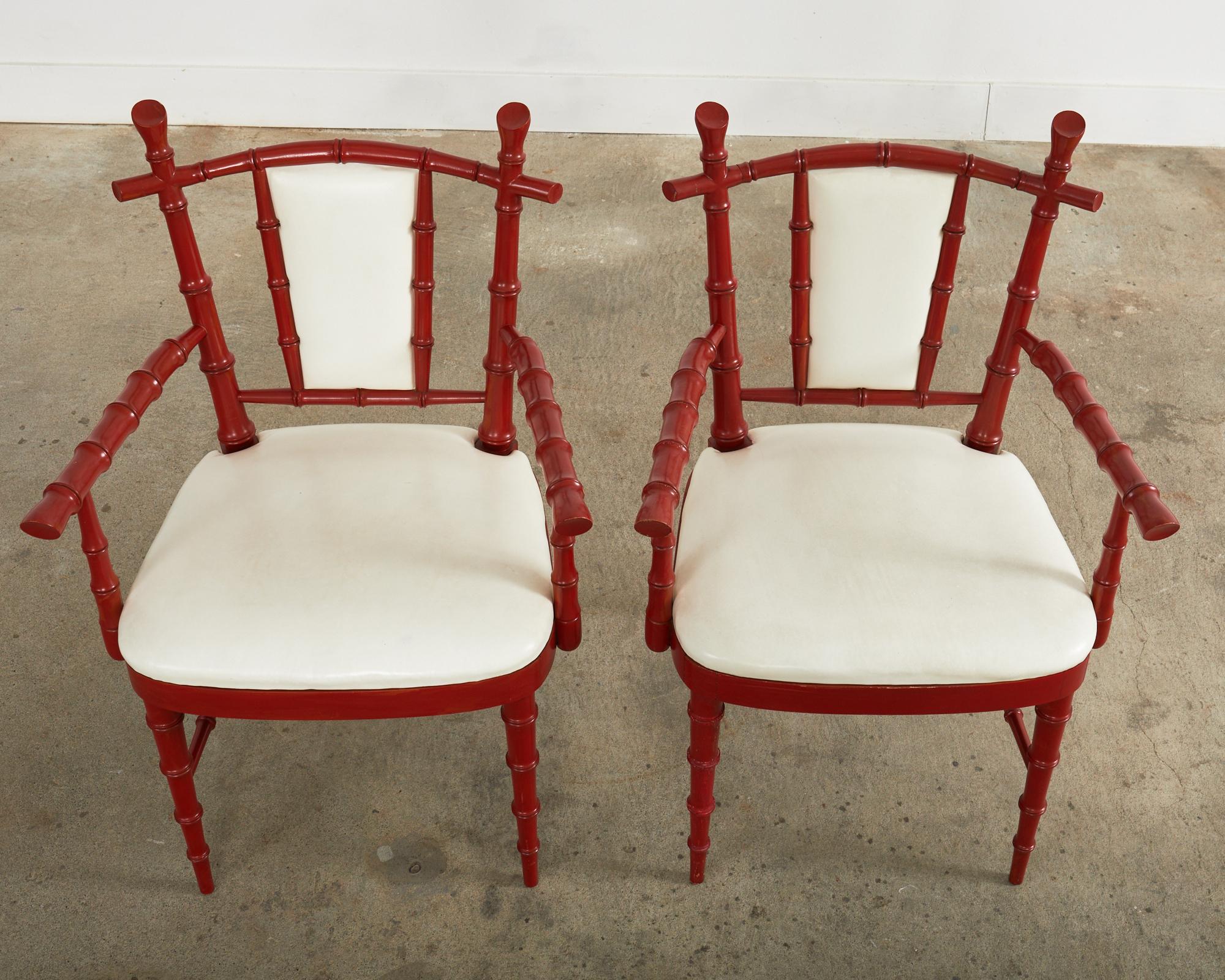 Lacquered Pair of Mid-Century Chinese Chippendale Coral Red Faux Bamboo Armchairs For Sale