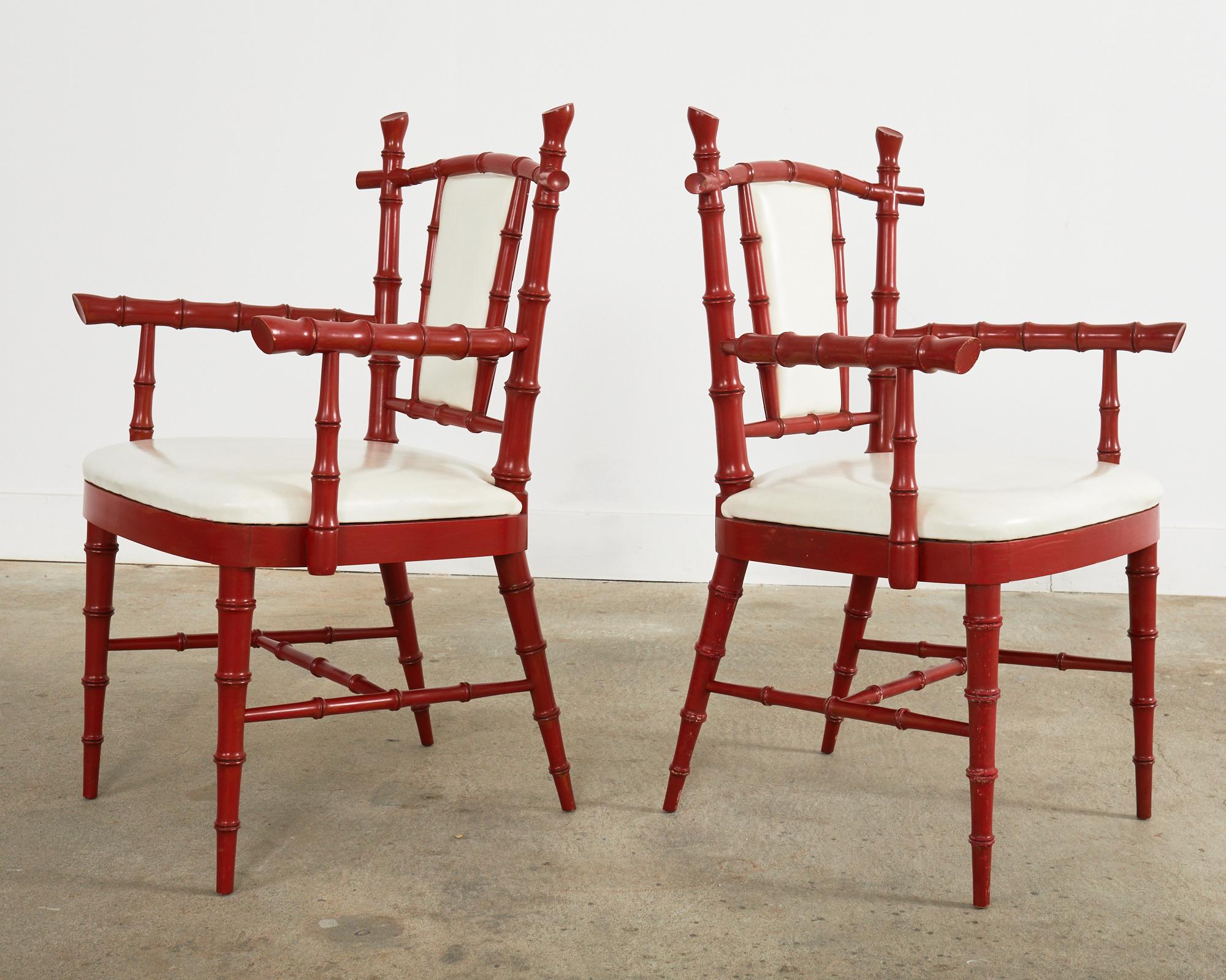 Pair of Mid-Century Chinese Chippendale Coral Red Faux Bamboo Armchairs In Good Condition For Sale In Rio Vista, CA