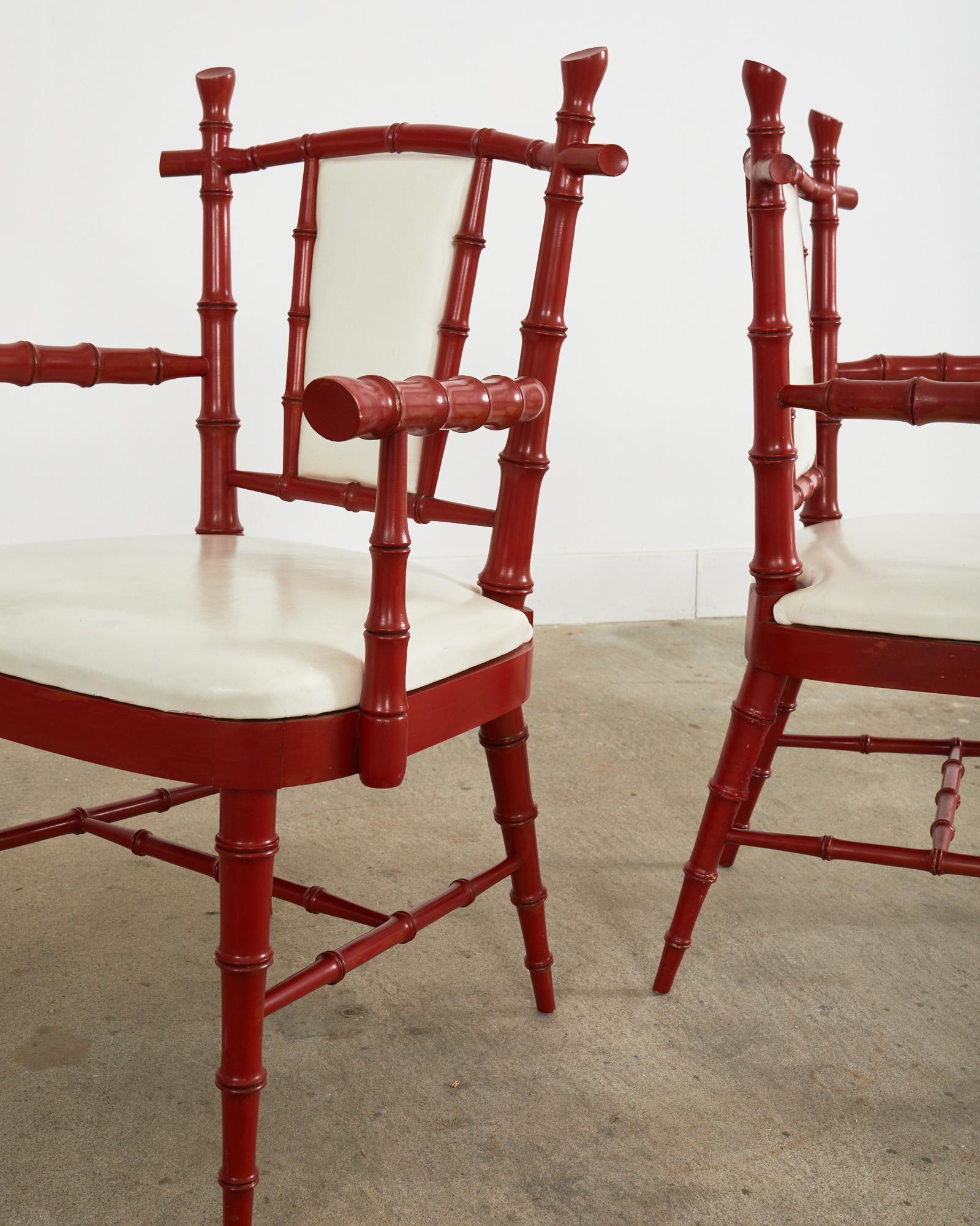 20th Century Pair of Mid-Century Chinese Chippendale Coral Red Faux Bamboo Armchairs For Sale
