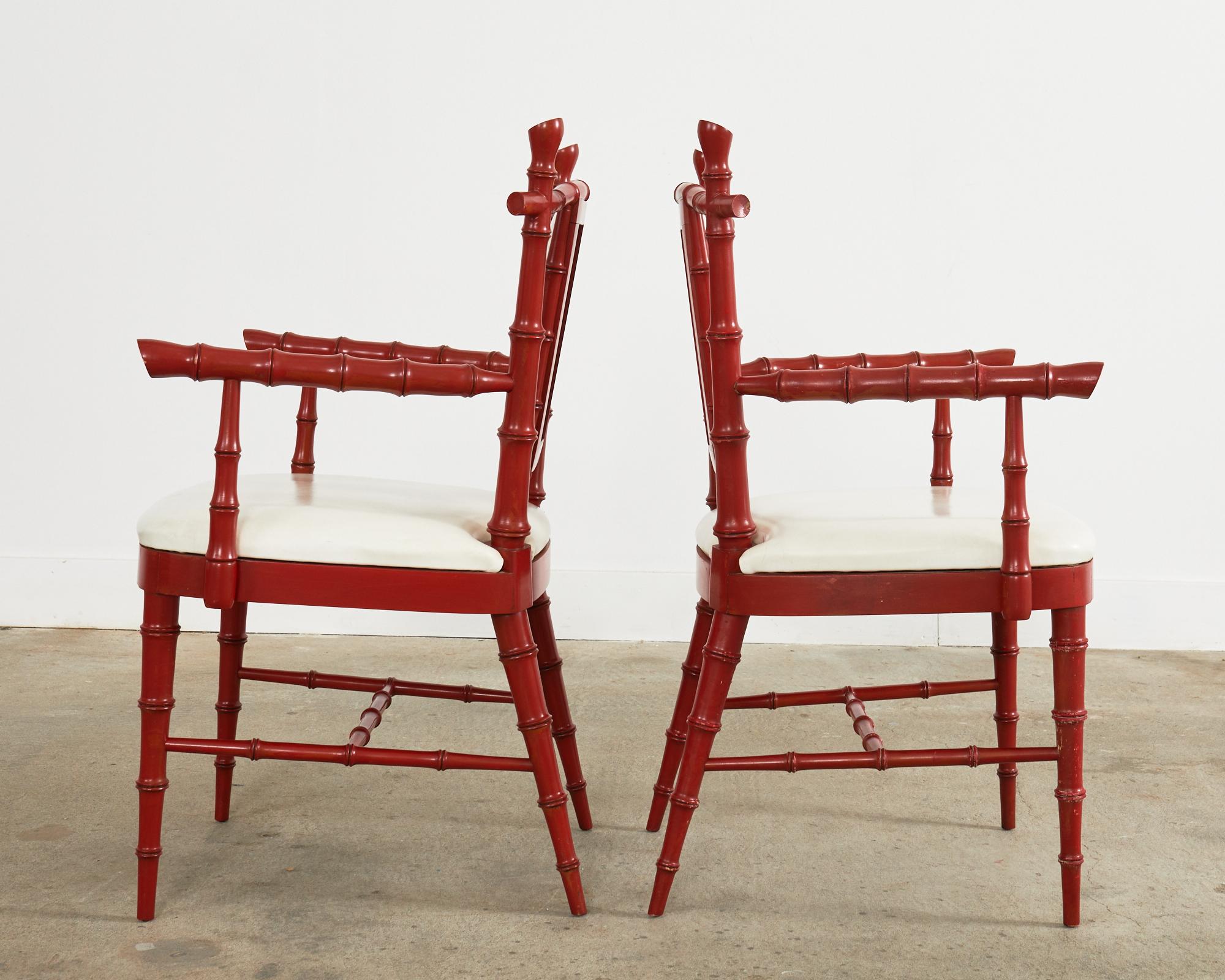 Pair of Mid-Century Chinese Chippendale Coral Red Faux Bamboo Armchairs For Sale 2