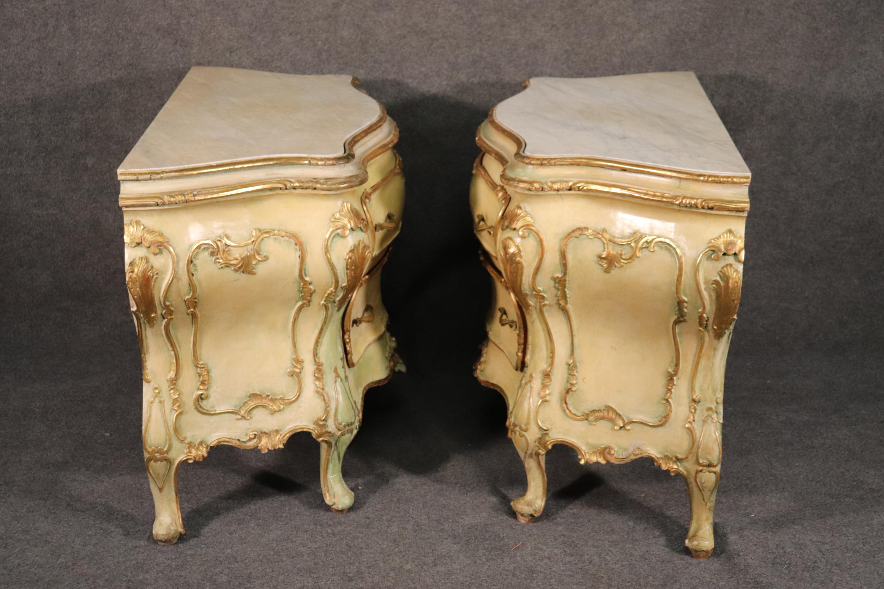Rococo Revival Pair Fine Large Italian Painted Marble Top Rococo Commodes Dressers 1930s Era For Sale