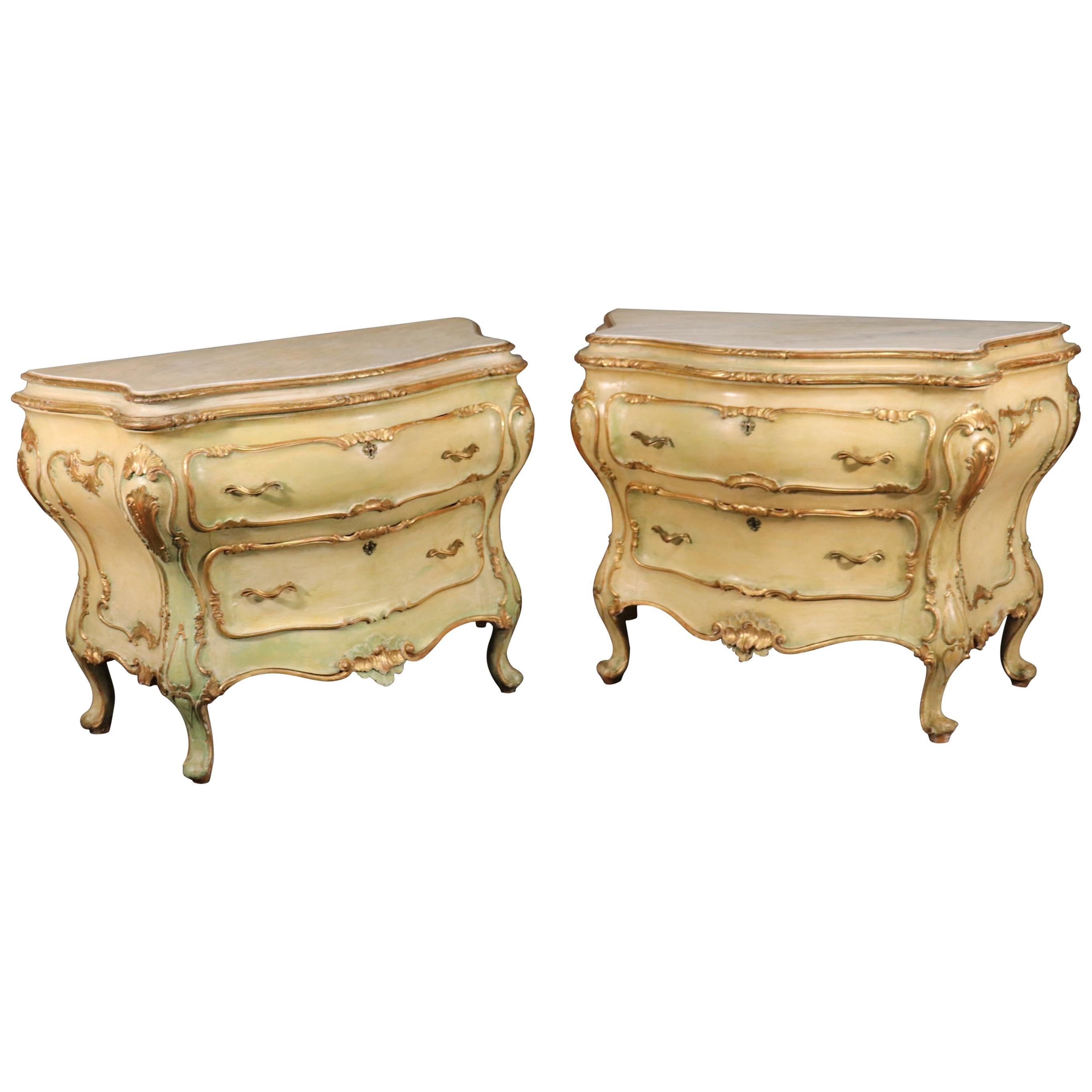 Pair Fine Large Italian Painted Marble Top Rococo Commodes Dressers 1930s Era For Sale