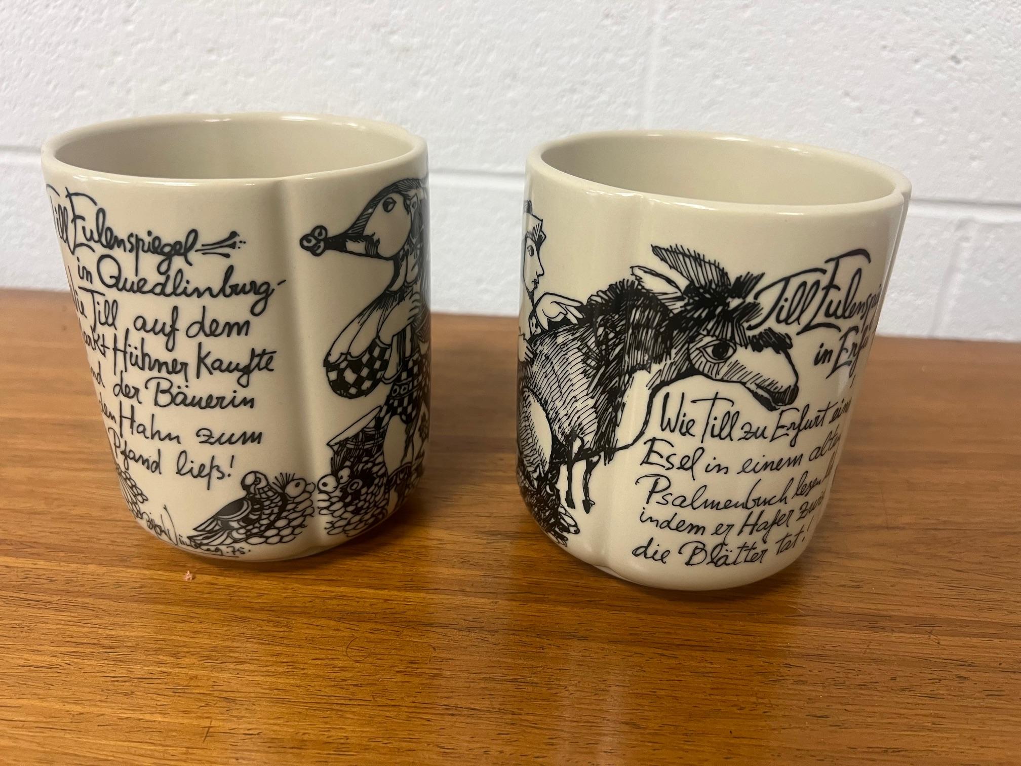 Large coffee or beer mugs. Made by Rosenthal Studio Line of Germany. Stamped underneath. Featuring a design by Danish ceramic artist Bjorn Wiinblade. The illustration on the mug is part of a series featuring the antics of Till Eulenspiegel.
The mugs