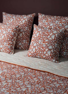 Block Printed Cushion Cover, Paigah Orange & Blue 24"x24", Viya by Vikram Goyal