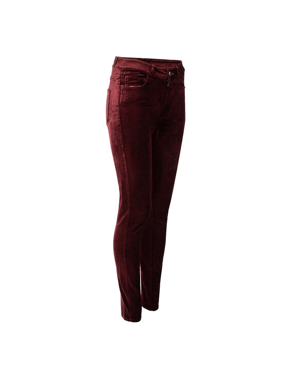 CONDITION is Very good. Minimal wear to jeans is evident. Minimal wear to the velvet exterior and fraying at belt loop on this used Paige designer resale item. 



Details


Burgundy

Velvet

Skinny trousers

High rise

Front zip closure with