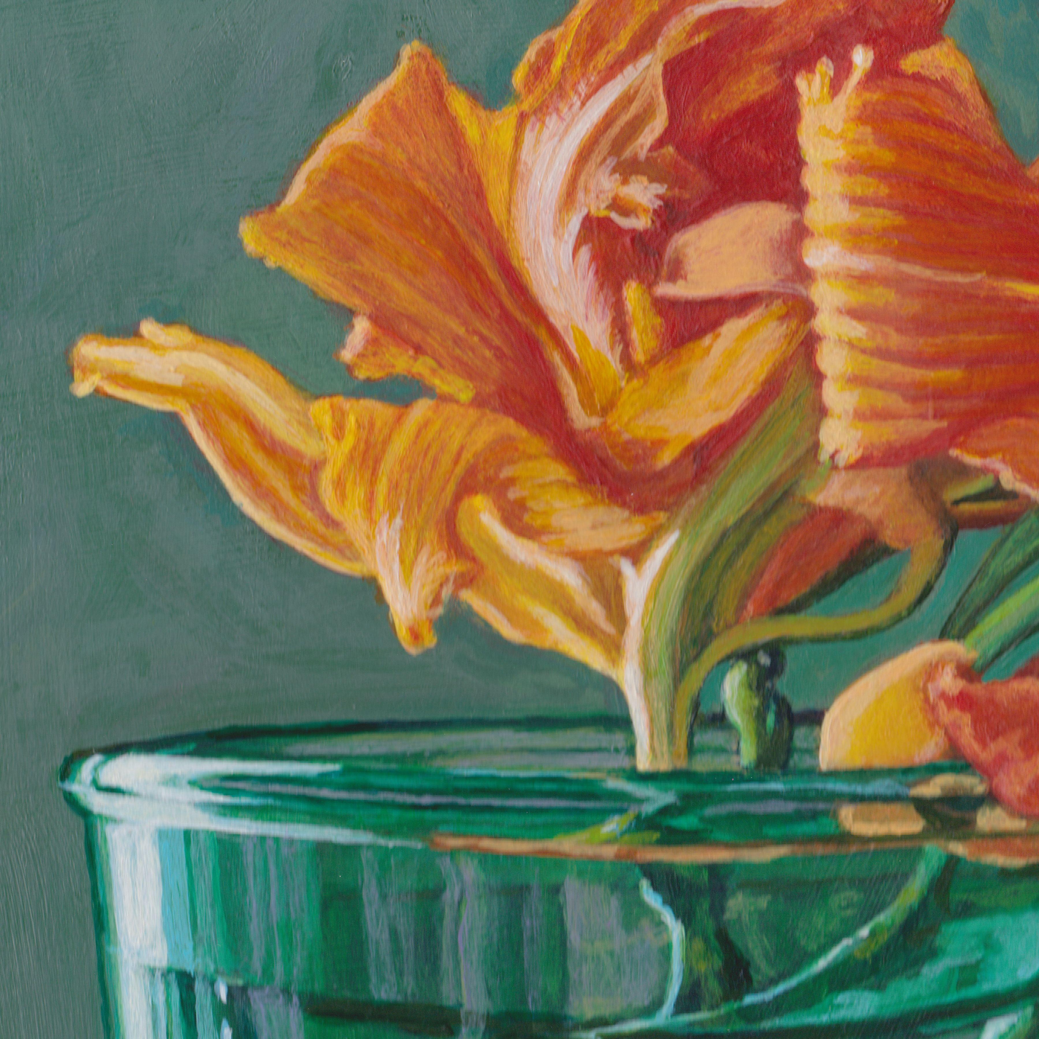 I've always had a thing for daylilies, and the transience of their beauty; here and gone in only a day. They already have a fiery glow against the greenery in the garden, so here I sought to exaggerate that fire by contrasting the blooms against the