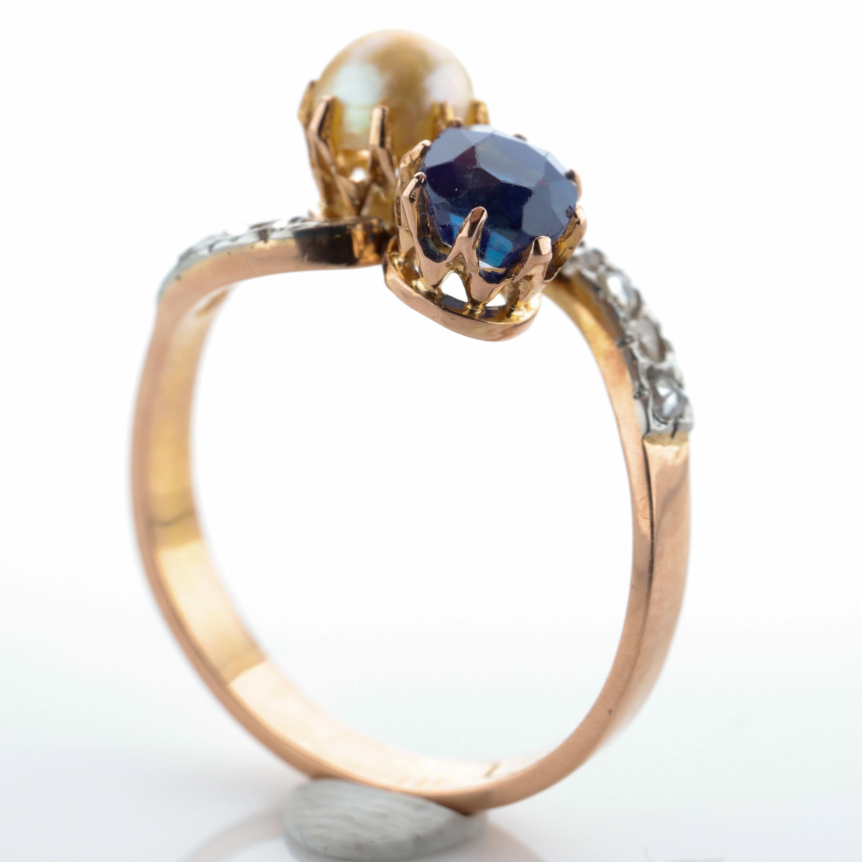 Women's Pailin Sapphire and Natural Pearl Ring Certified No Heat French Art Nouveau