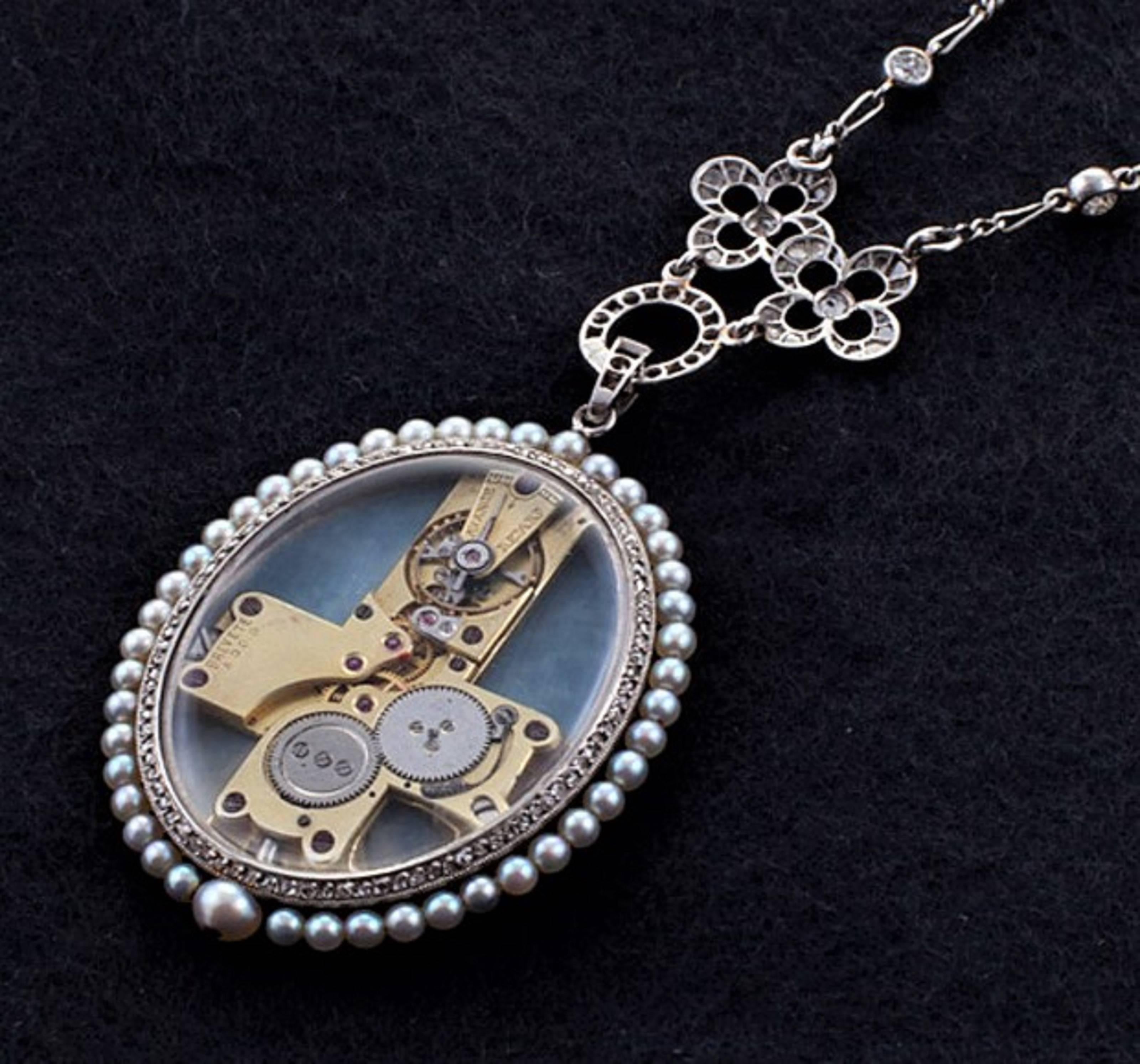 Paillet Hand Painted Lady's 3.76 Carat Diamond Pearl Platinum Pendant Watch In Excellent Condition For Sale In Calabasas, CA