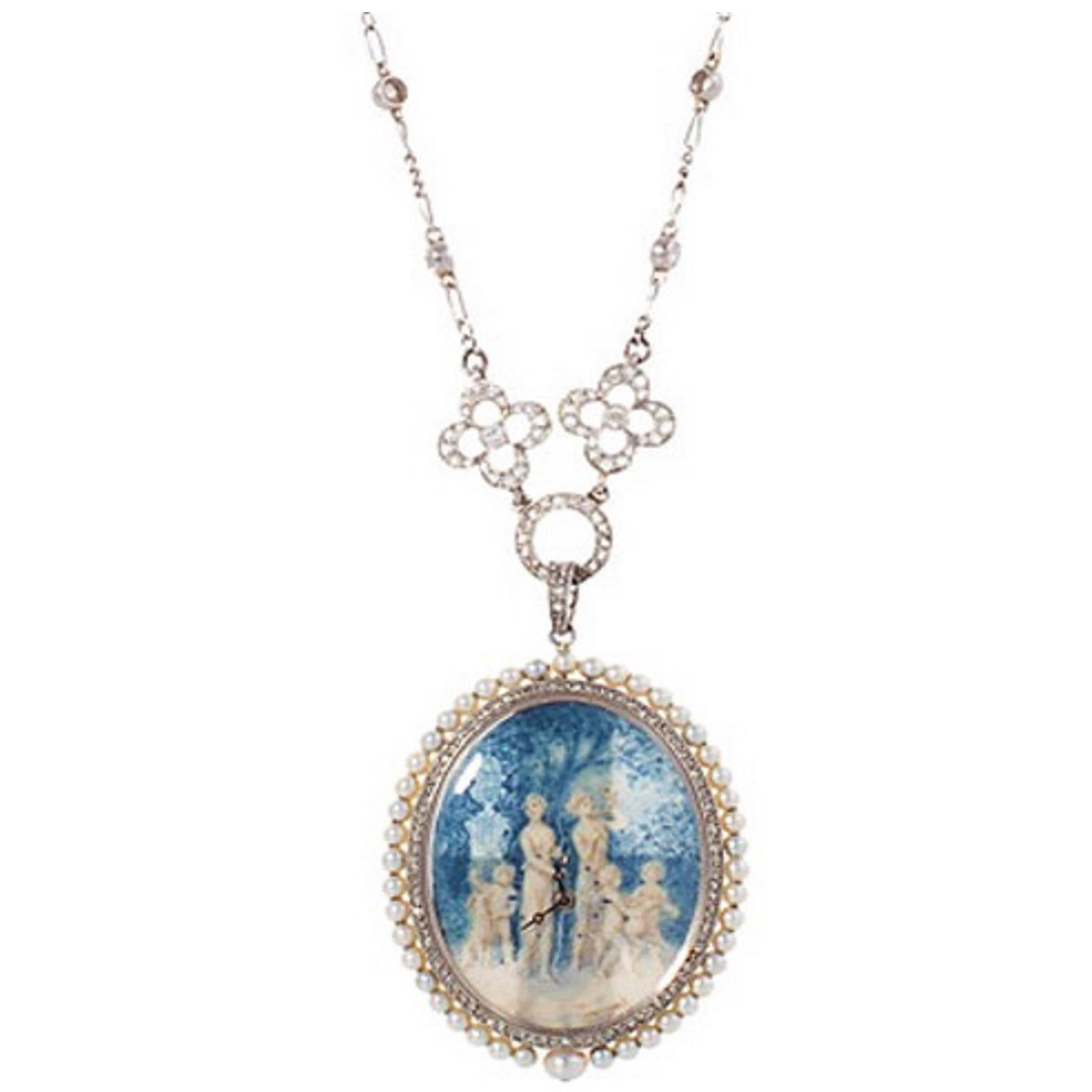 Paillet Hand Painted Lady's 3.76 Carat Diamond Pearl Platinum Pendant Watch For Sale