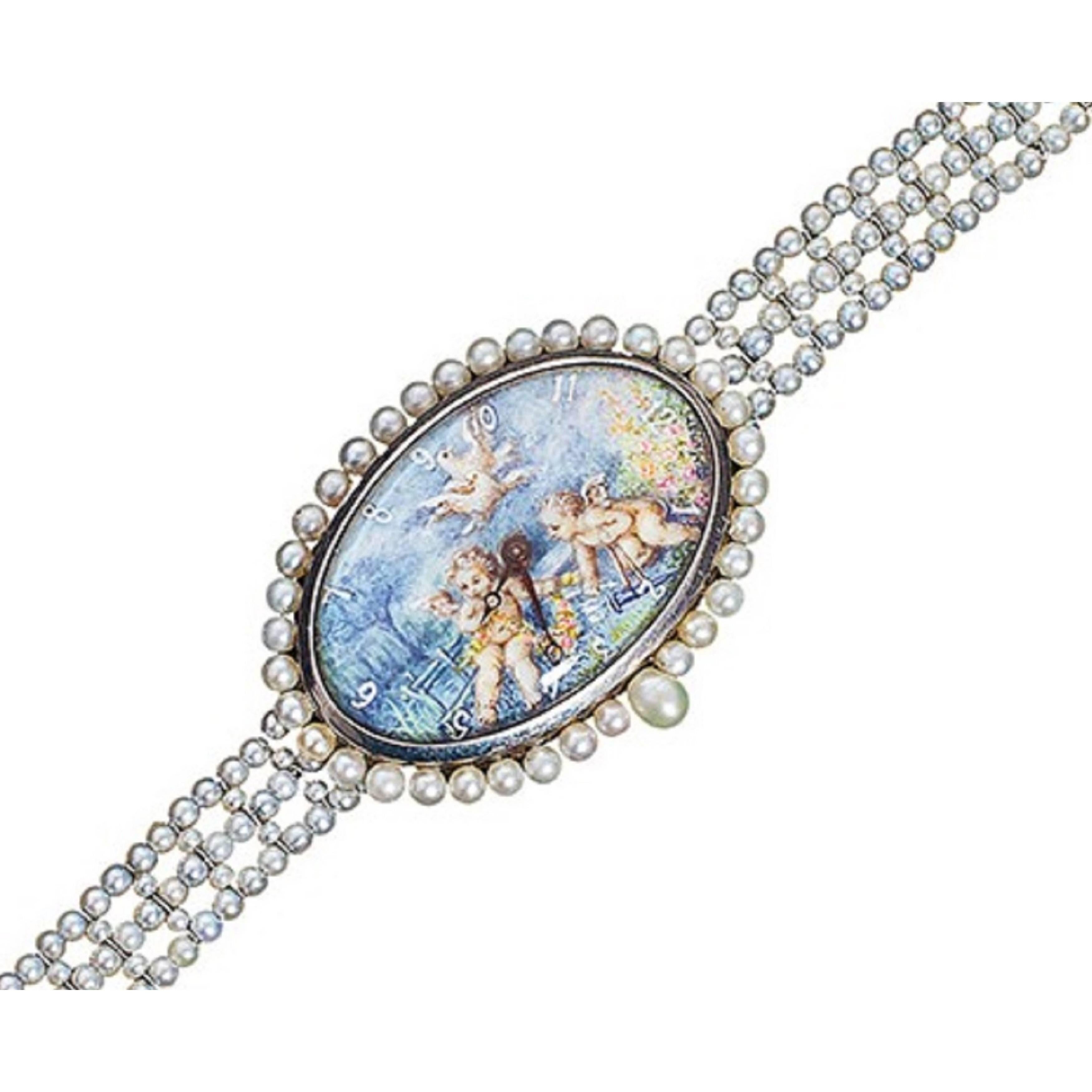 Paillet Ladies Platinum Natural Pearl Hand Painted Wristwatch For Sale