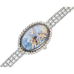 Paillet Ladies Platinum Natural Pearl Hand Painted Wristwatch