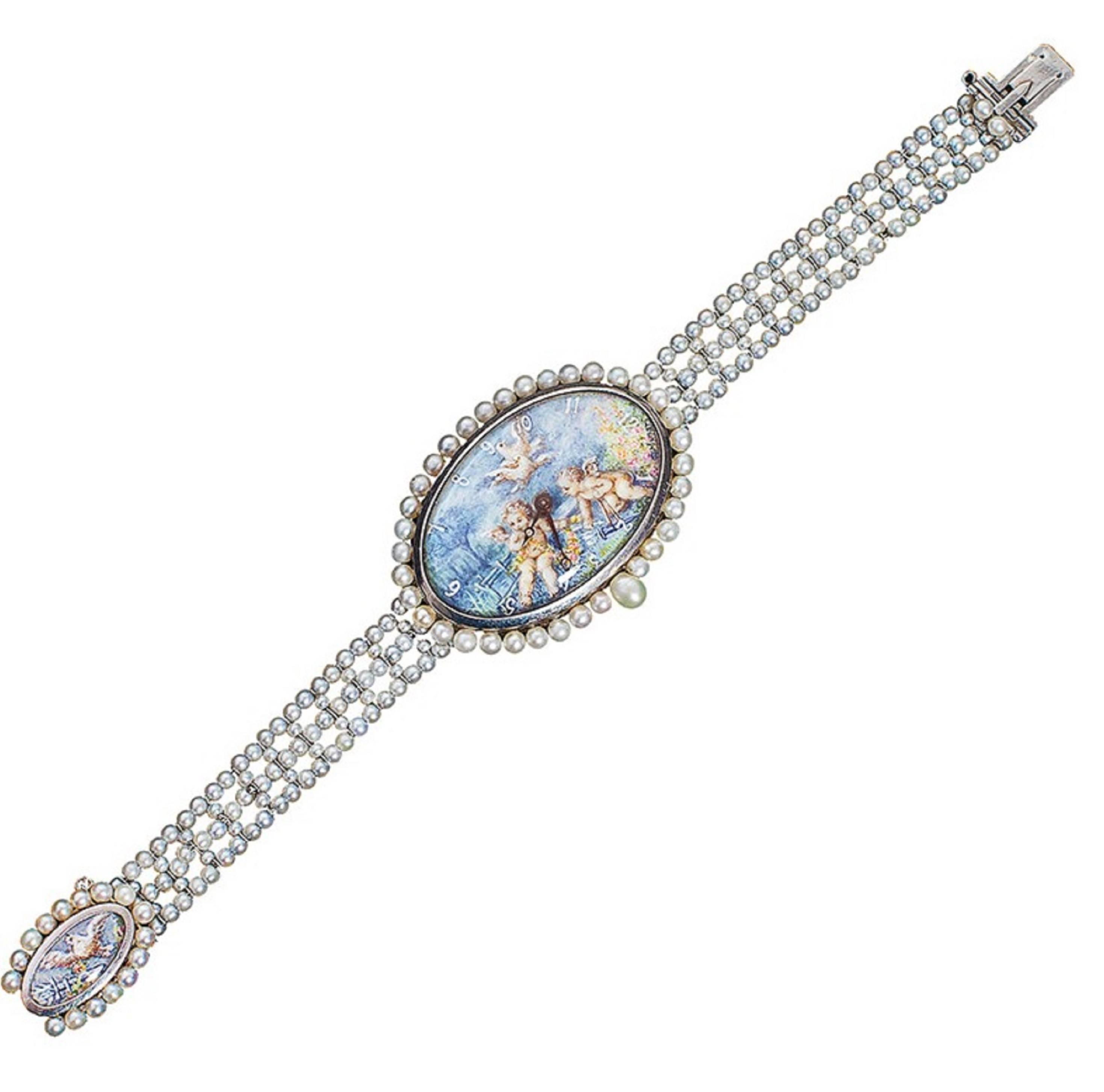 Edwardian Paillet Ladies Platinum Natural Pearl Hand Painted Wristwatch For Sale