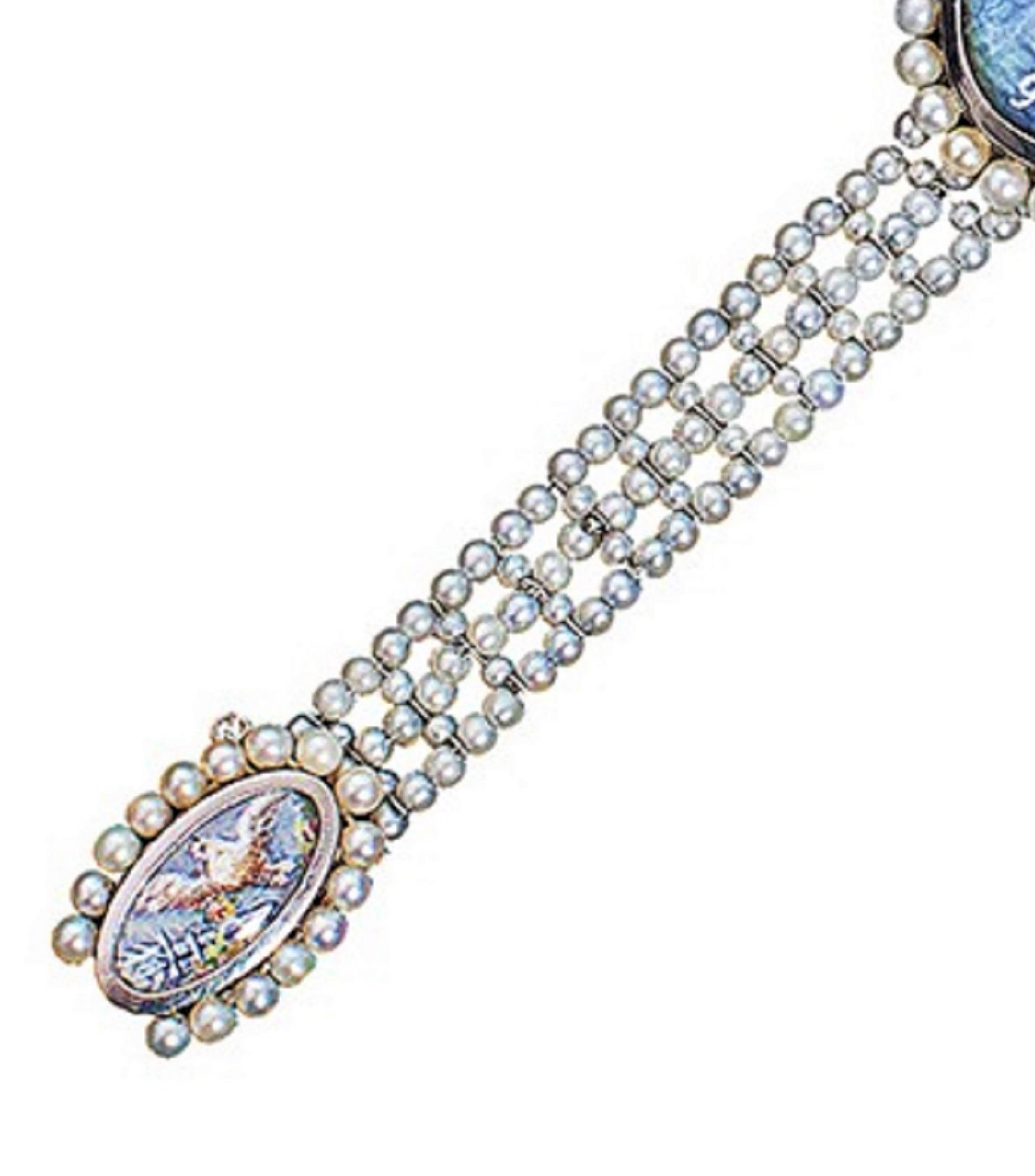 Uncut Paillet Ladies Platinum Natural Pearl Hand Painted Wristwatch For Sale