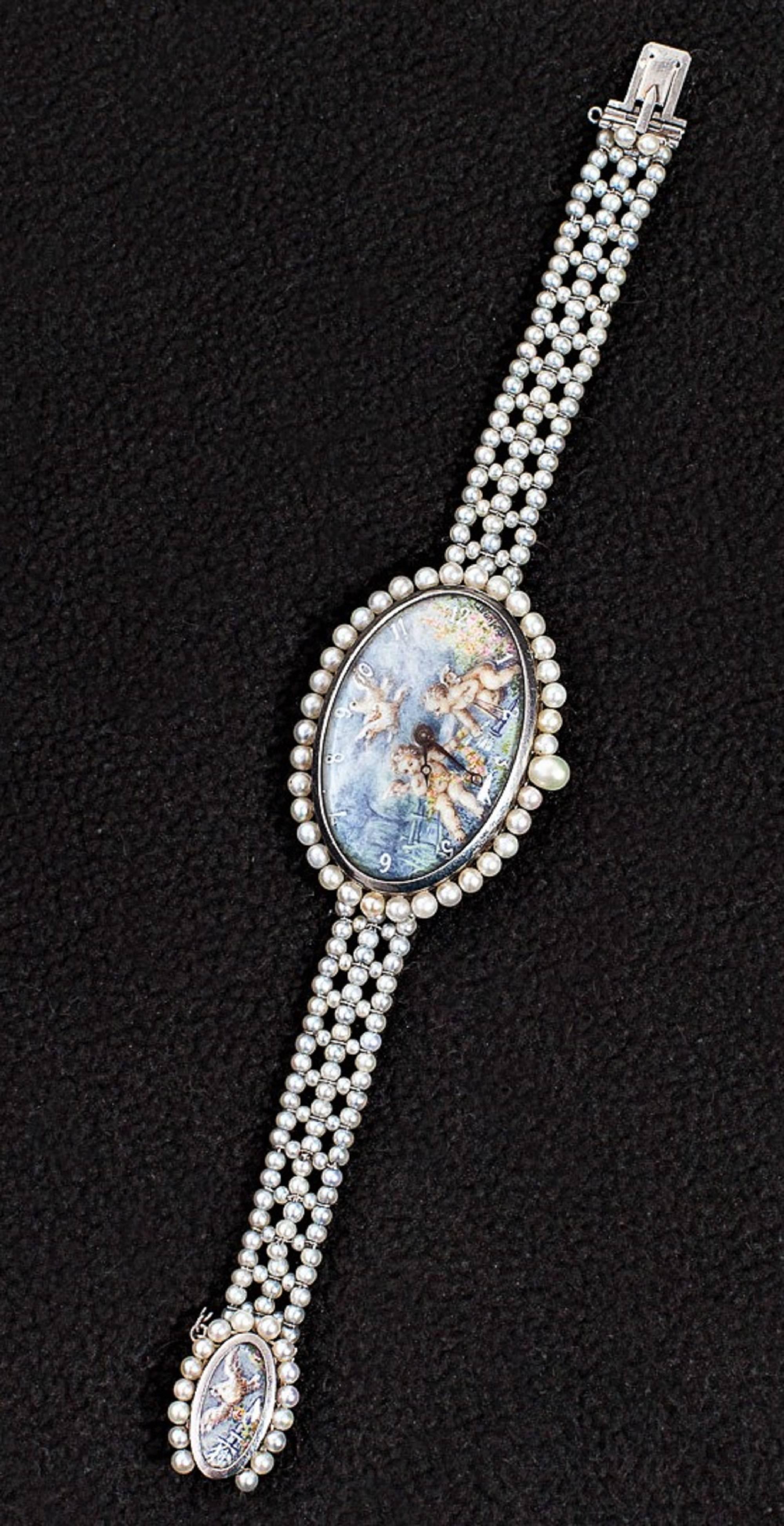 Paillet Ladies Platinum Natural Pearl Hand Painted Wristwatch In Excellent Condition For Sale In Calabasas, CA