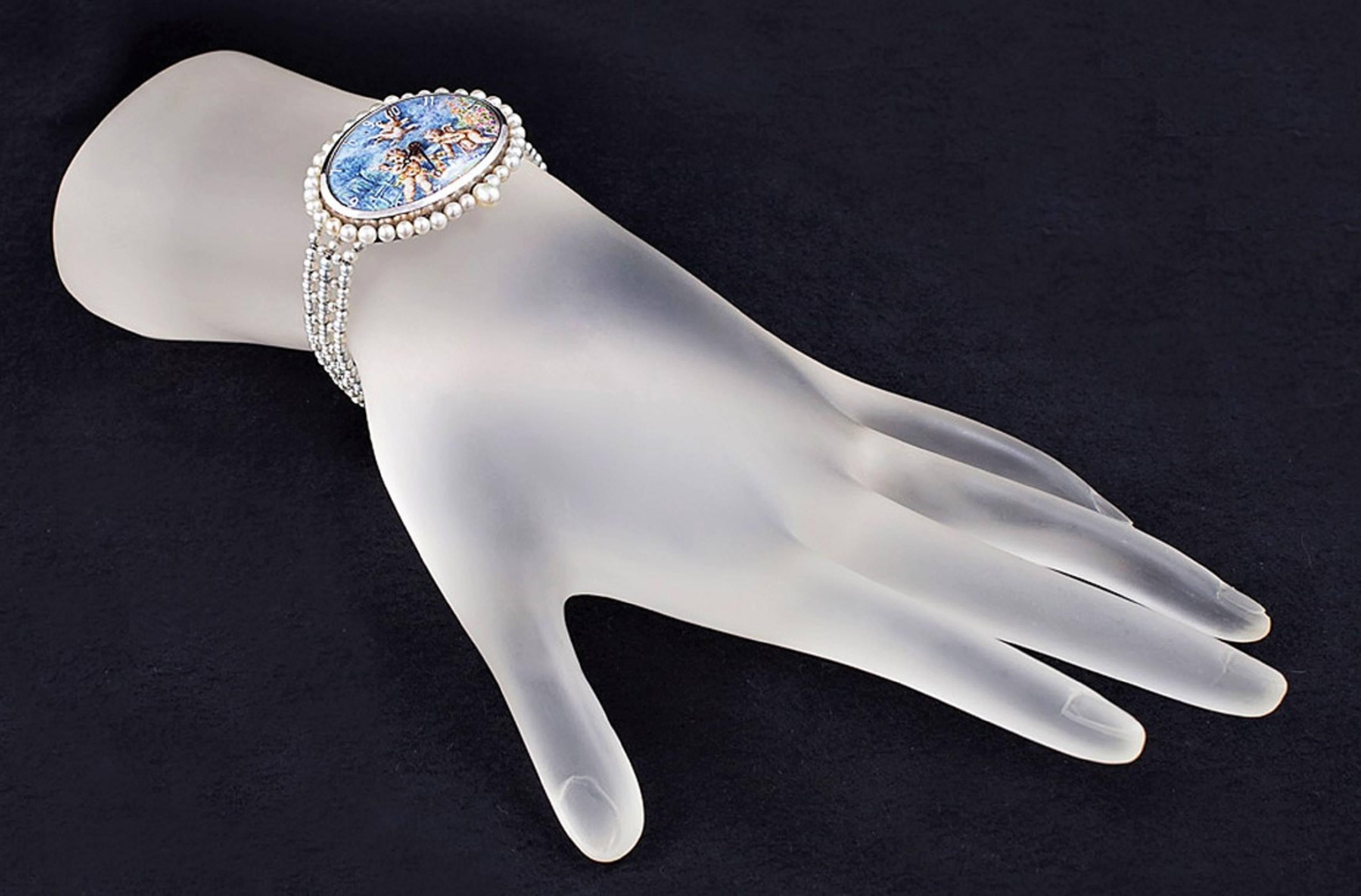 Women's Paillet Ladies Platinum Natural Pearl Hand Painted Wristwatch For Sale