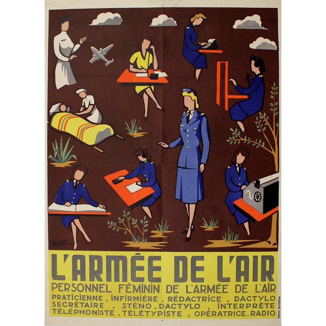 Crafted around the 1950s, the original poster by Paillot titled "Personnel féminin de l'armée de l'air" (Female Personnel of the Air Force) stands as a testament to the changing roles of women in the military during the mid-20th century.
With bold