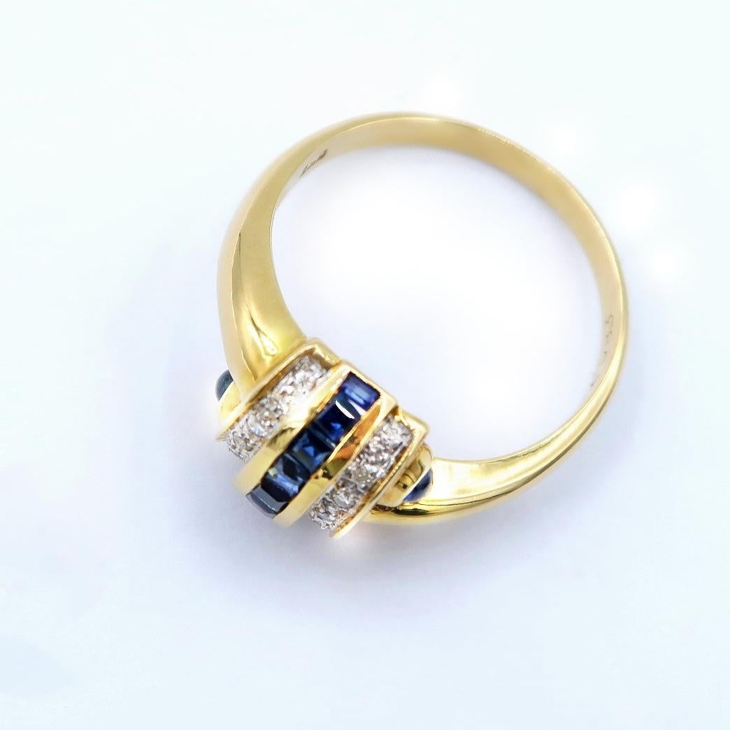 Pain au Chocolat Baguette & Cabochon Blue Sapphire Diamond 18K Gold Bypass Ring In New Condition For Sale In Bangkok, TH