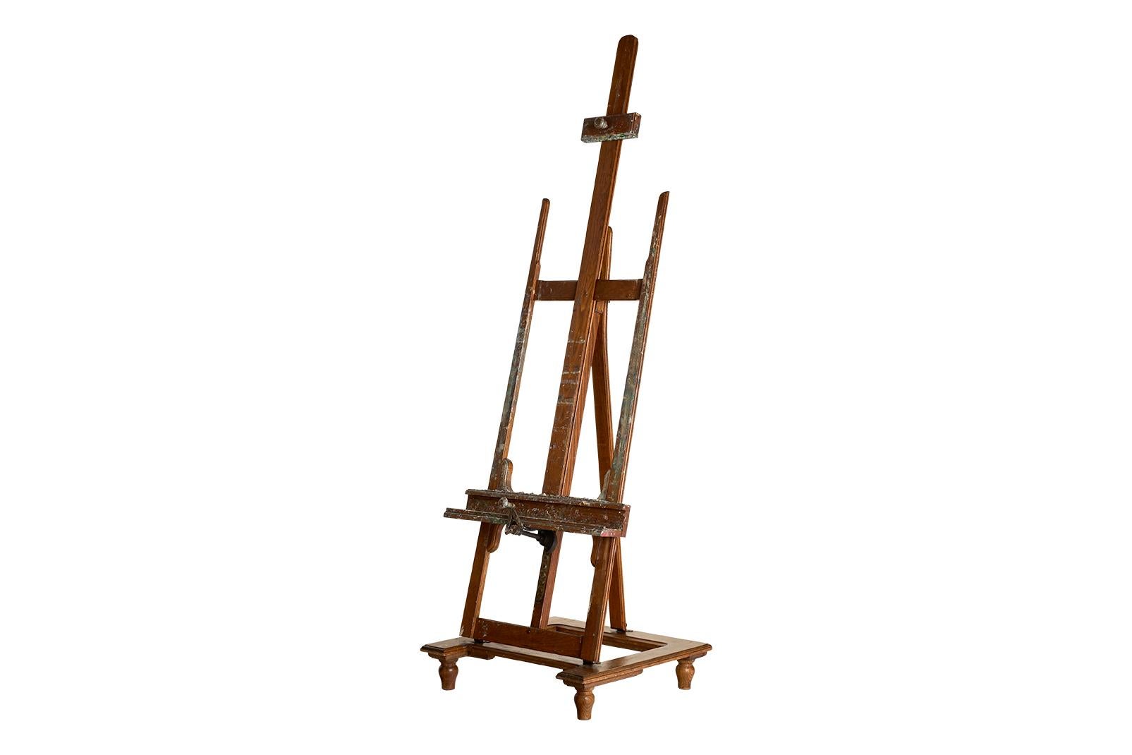 Rustic Paint Coated 19th C Easel on Wheel with Cranking Mechanism For Sale