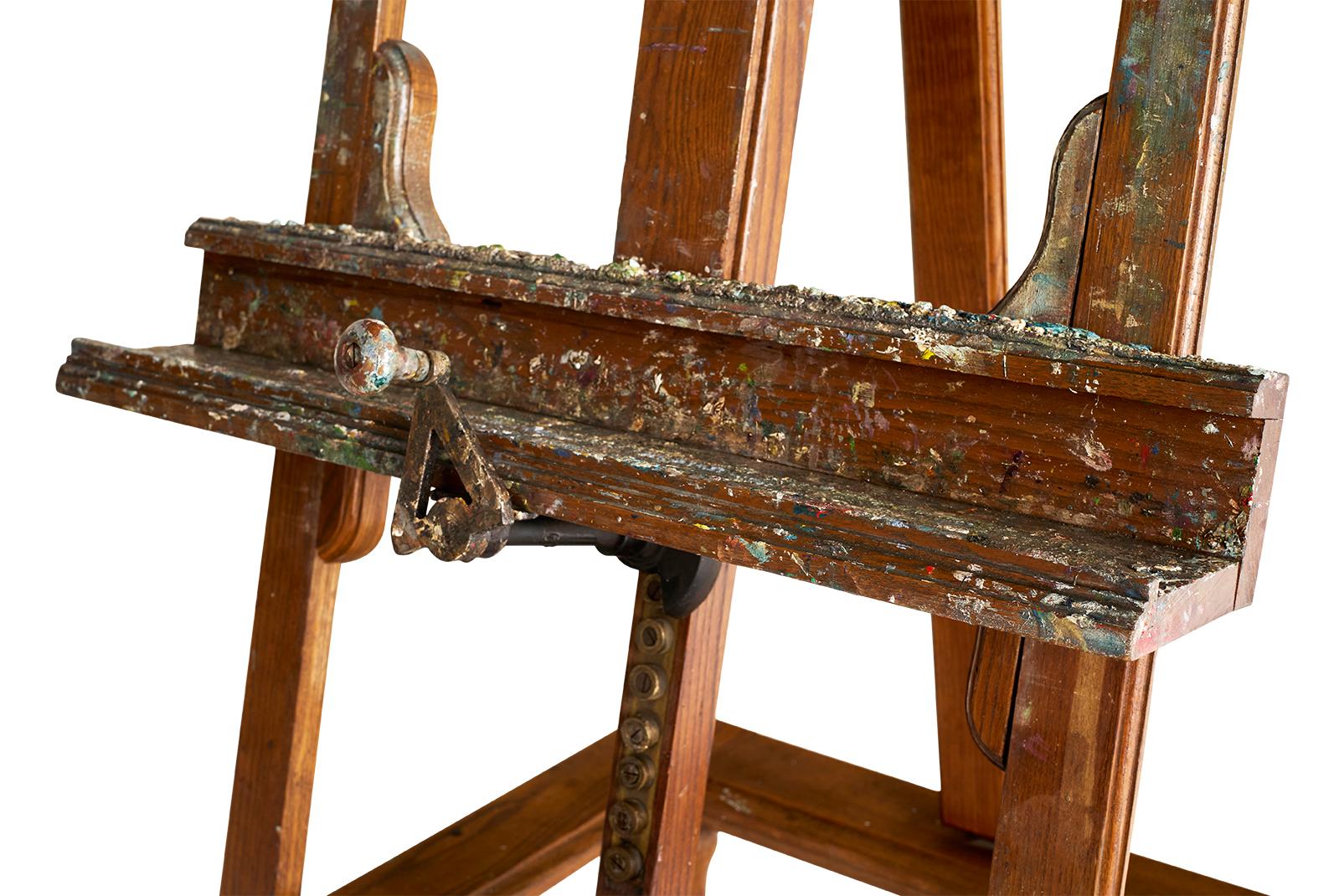 Wood Paint Coated 19th C Easel on Wheel with Cranking Mechanism For Sale