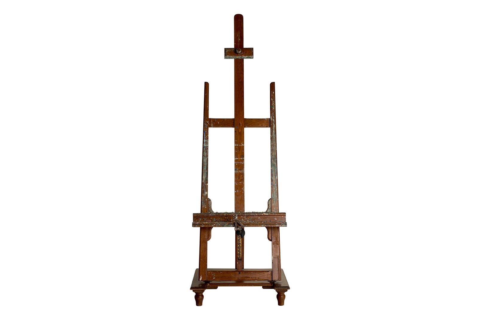 Paint Coated 19th C Easel on Wheel with Cranking Mechanism For Sale 2
