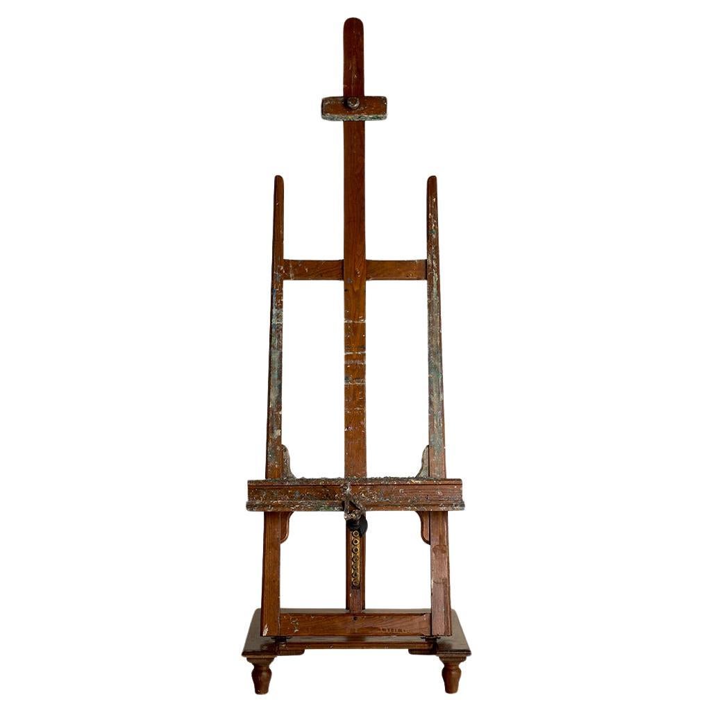 Paint Coated 19th C Easel on Wheel with Cranking Mechanism For Sale