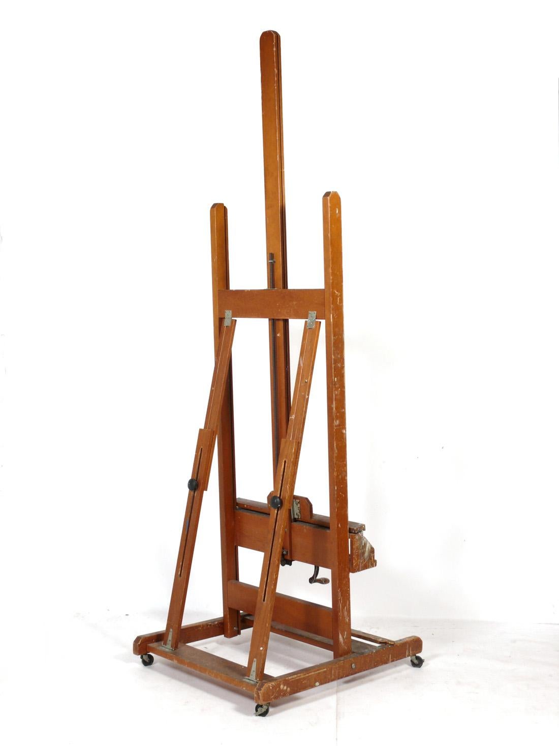 Paint Covered Wood Artist's Easel by Anco In Distressed Condition In Atlanta, GA