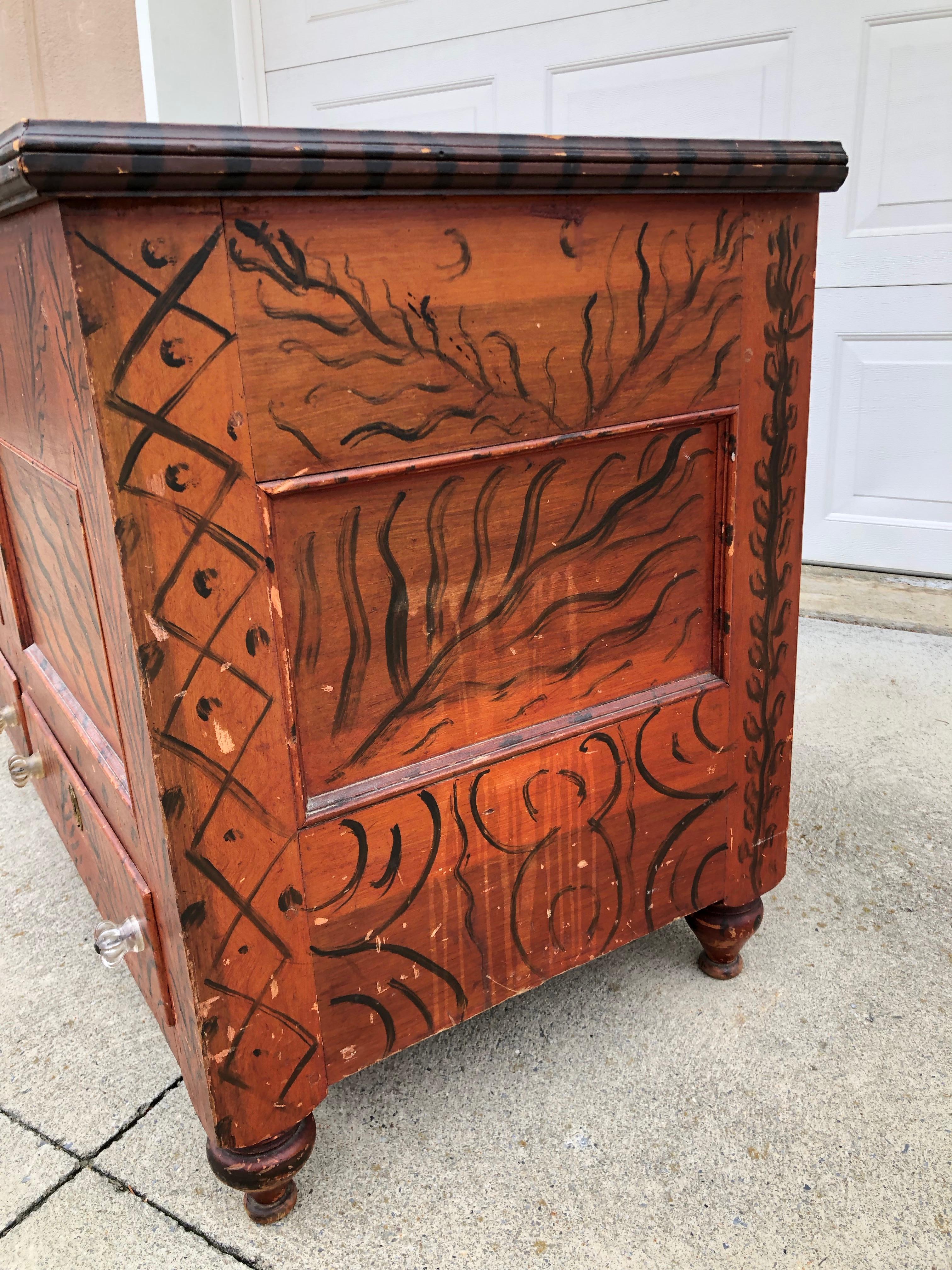 Folk Art Paint-Decorated Blanket Chest Unusual Free Hand-Painted, Oley Pennsylvania For Sale