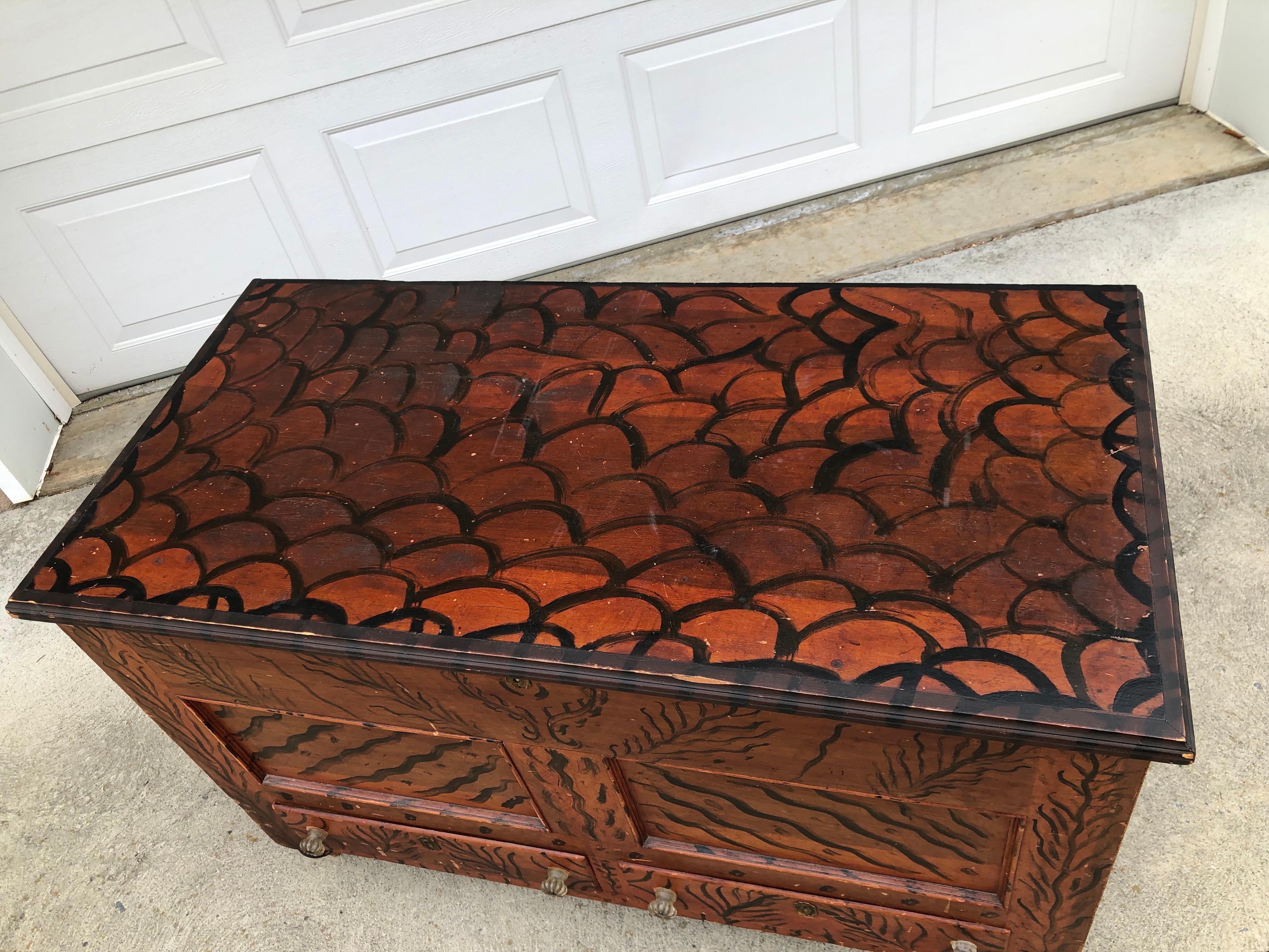 Paint-Decorated Blanket Chest Unusual Free Hand-Painted, Oley Pennsylvania In Good Condition For Sale In Allentown, PA